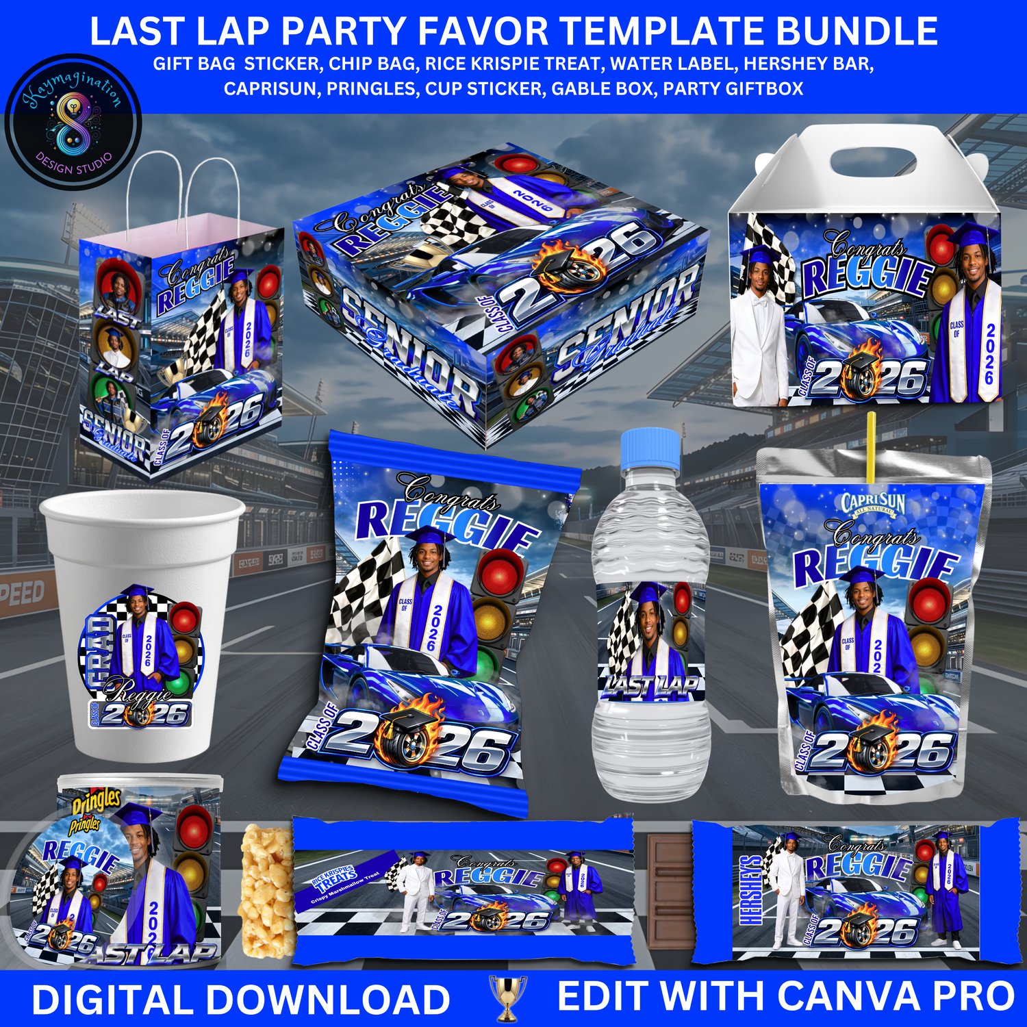 last lap graduation, graduation party bundle, grad party favors 2026, editable canva templates, graduation decorations, chip bag template, water bottle label, hershey wrapper template, capri sun label, graduation gift box, DIY grad party, class of 2026, g