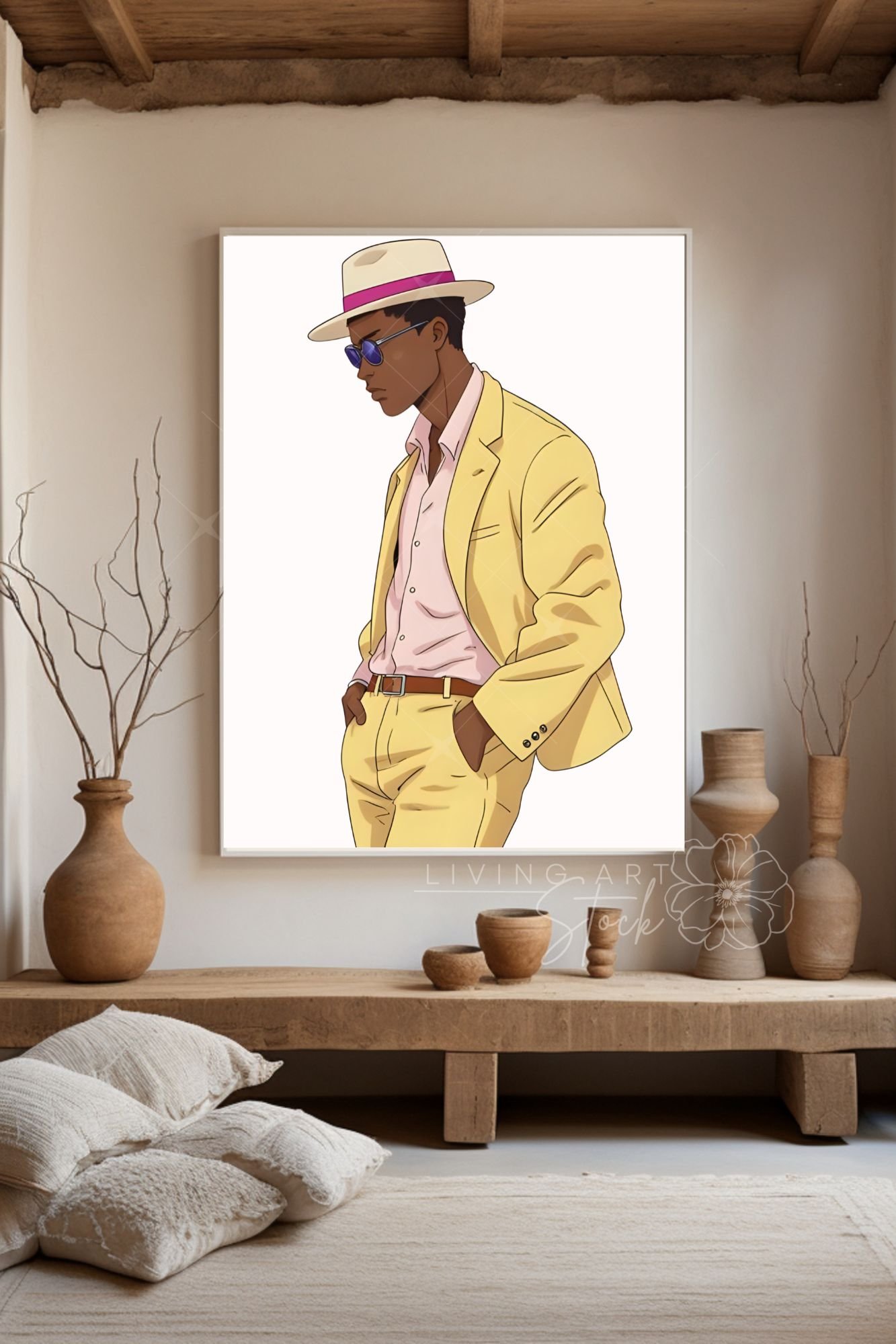 Anime-style illustration of a stylish Black man in a pale yellow suit and a fedora hat with a pink band, standing in profile with hands in pockets against a plain white background.