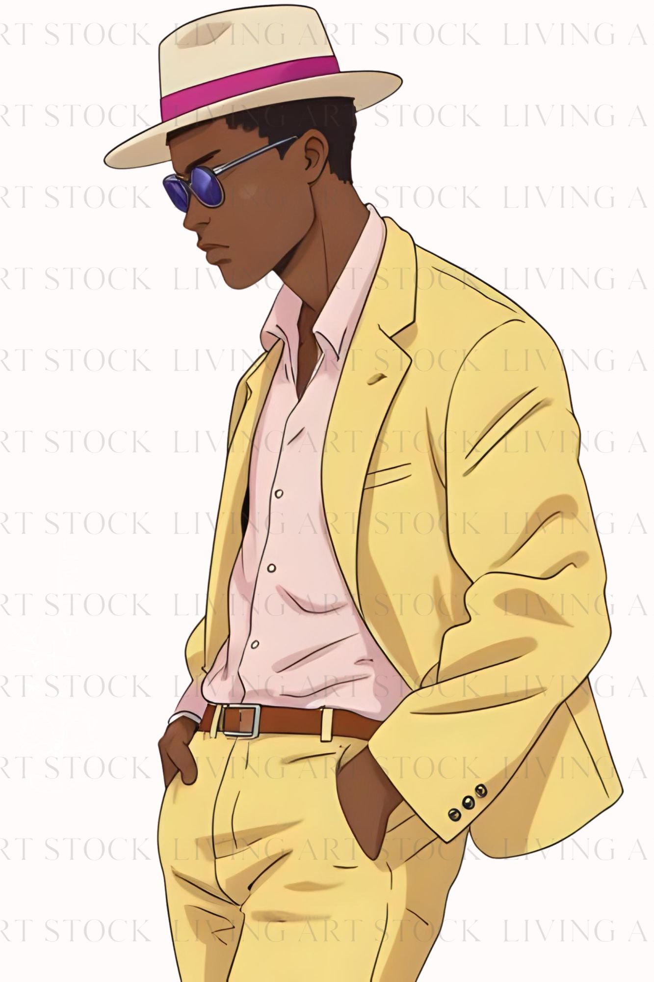 Anime-style illustration of a stylish Black man in a pale yellow suit and a fedora hat with a pink band, standing in profile with hands in pockets against a plain white background.