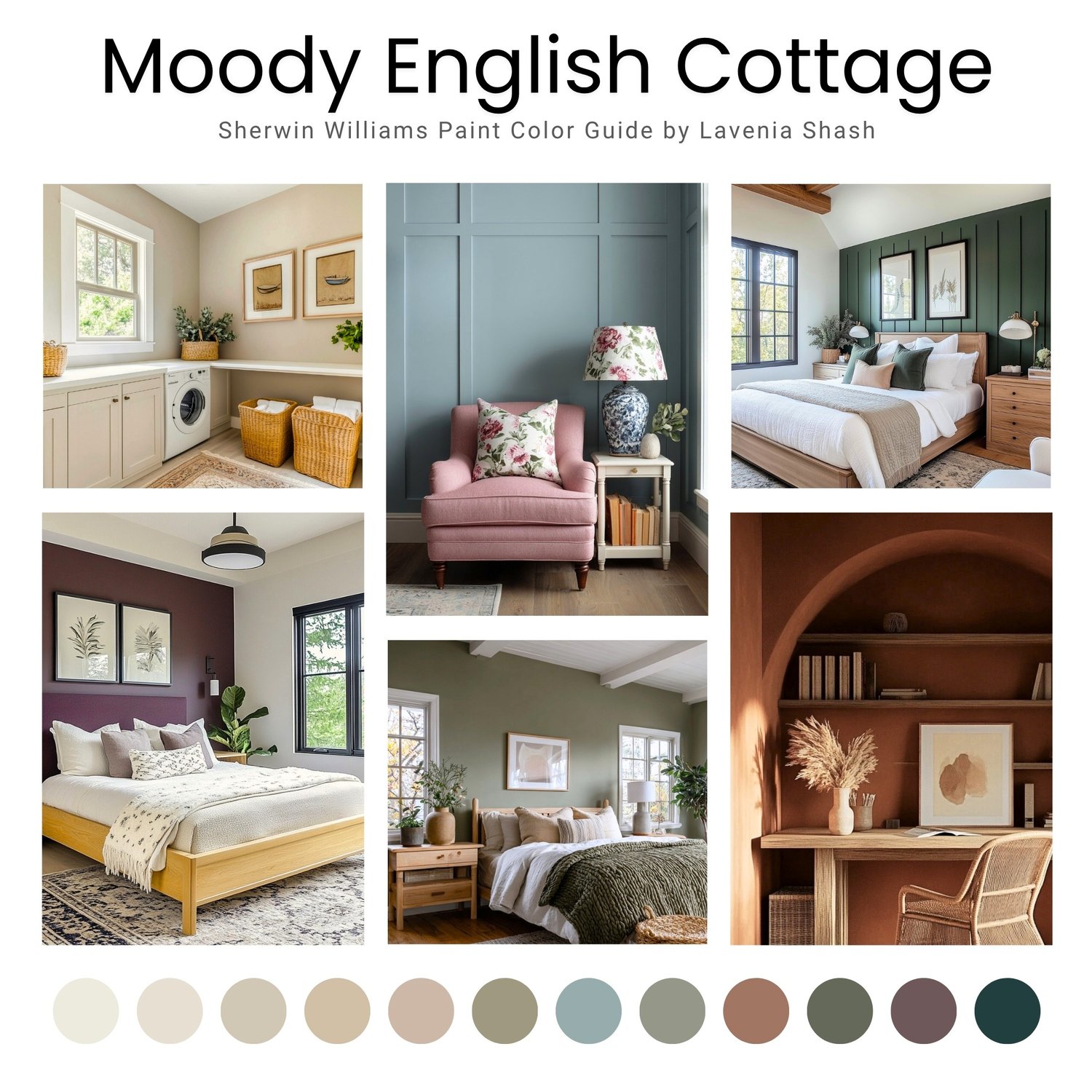 Moody English Cottage and Cottagecore interior design color scheme with Sherwin Williams paint colors. Color Palette created by Lavenia Shash.