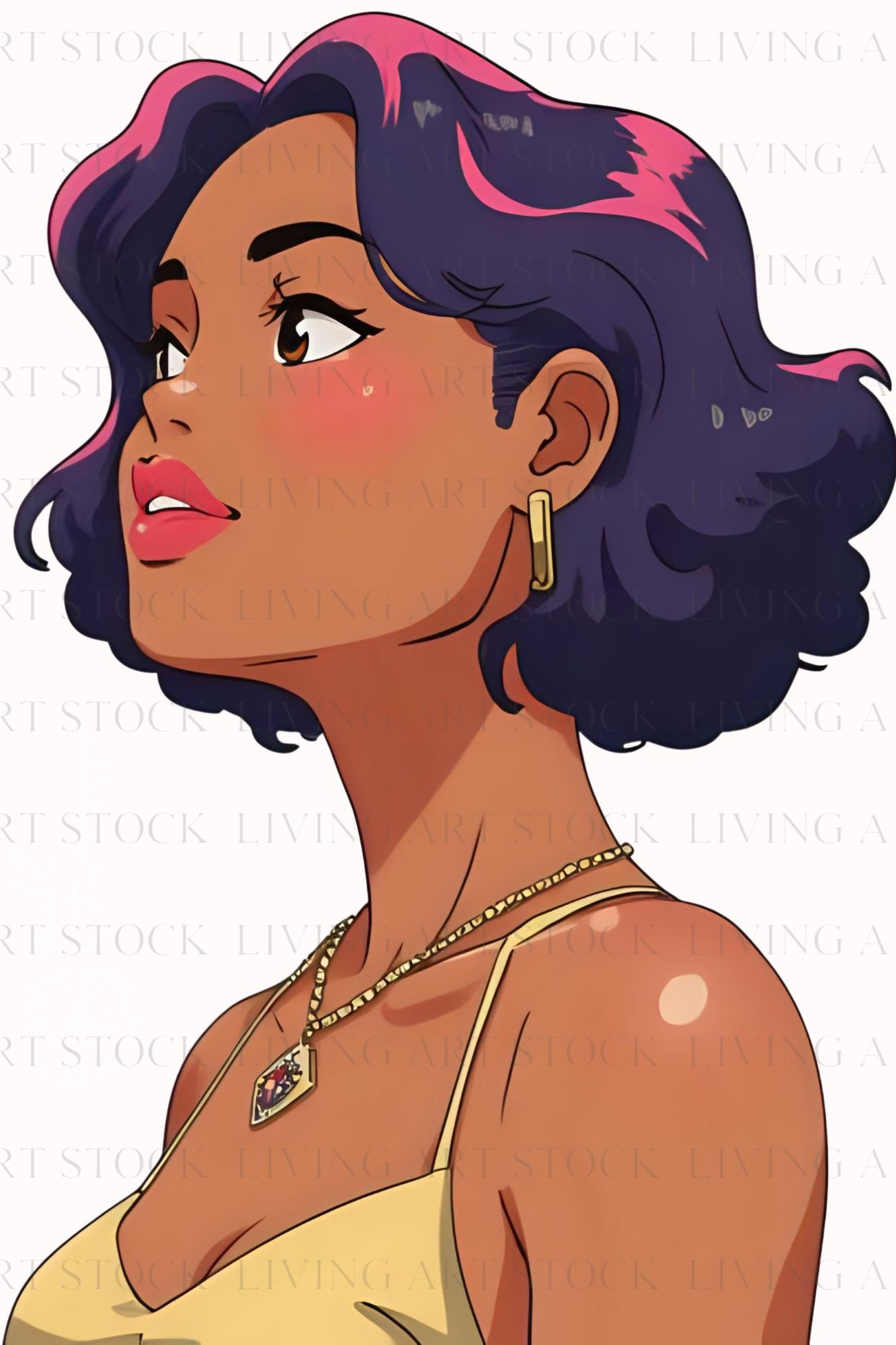 Anime-style illustration of a stylish Black woman in profile, wearing a light yellow top and gold accessories, with her dark wavy hair highlighted with bright pink, looking upwards.