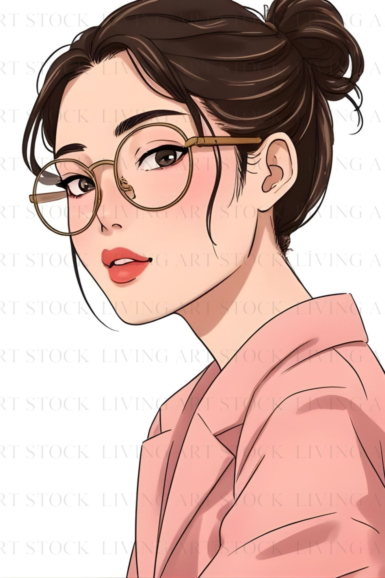 A stylish anime-style illustration of a modern woman with dark brown hair in a neat bun, wearing round gold-framed glasses, and a tailored pink blazer, looking confidently at the viewer with a thoughtful expression.