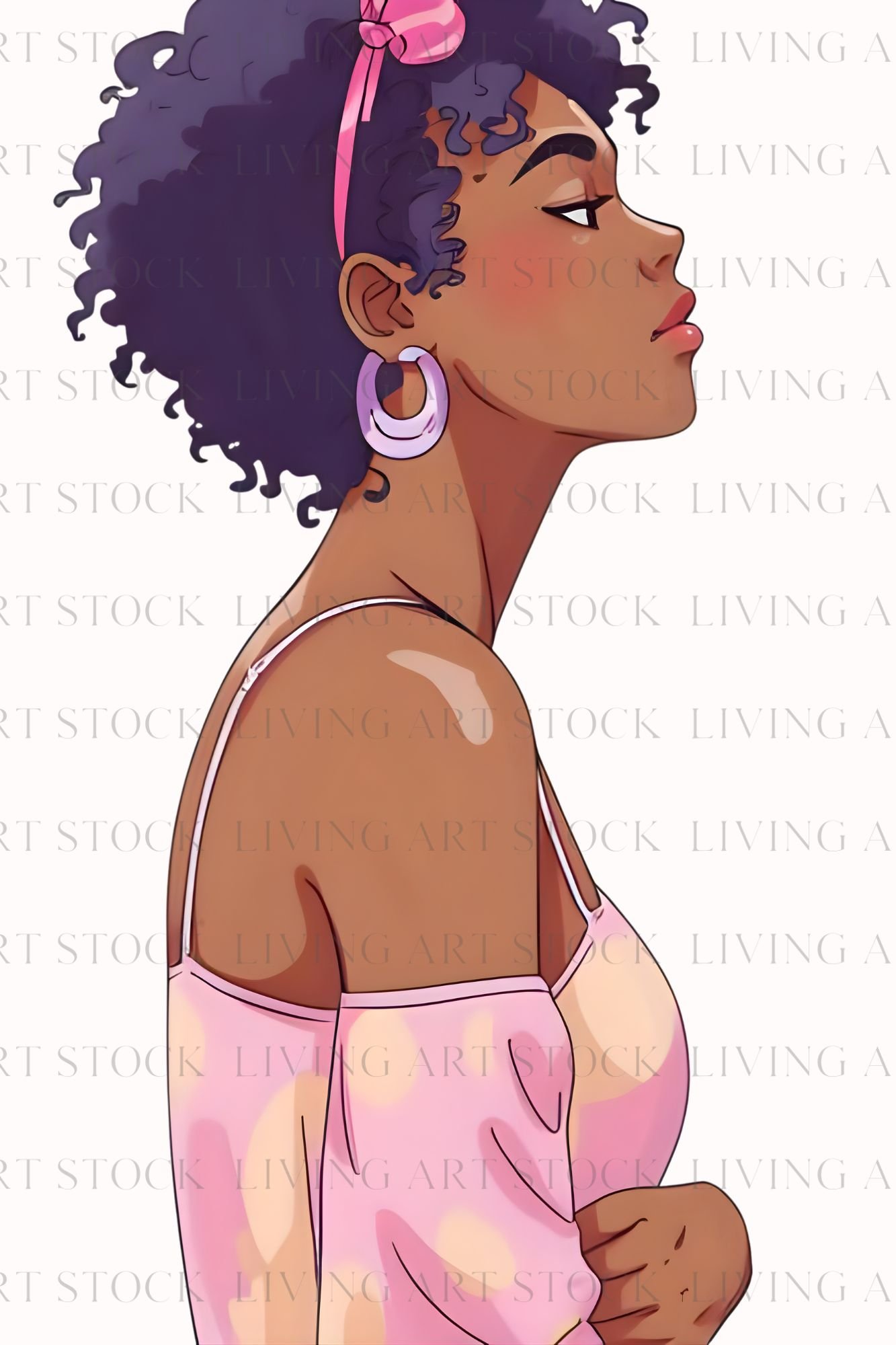 A stylish cartoon illustration of a confident young Black woman with an afro puff in purple, wearing a pink bow headband, a light purple hoop earring, and a pink and gold tie-dye cold-shoulder top, viewed in a profile portrait.