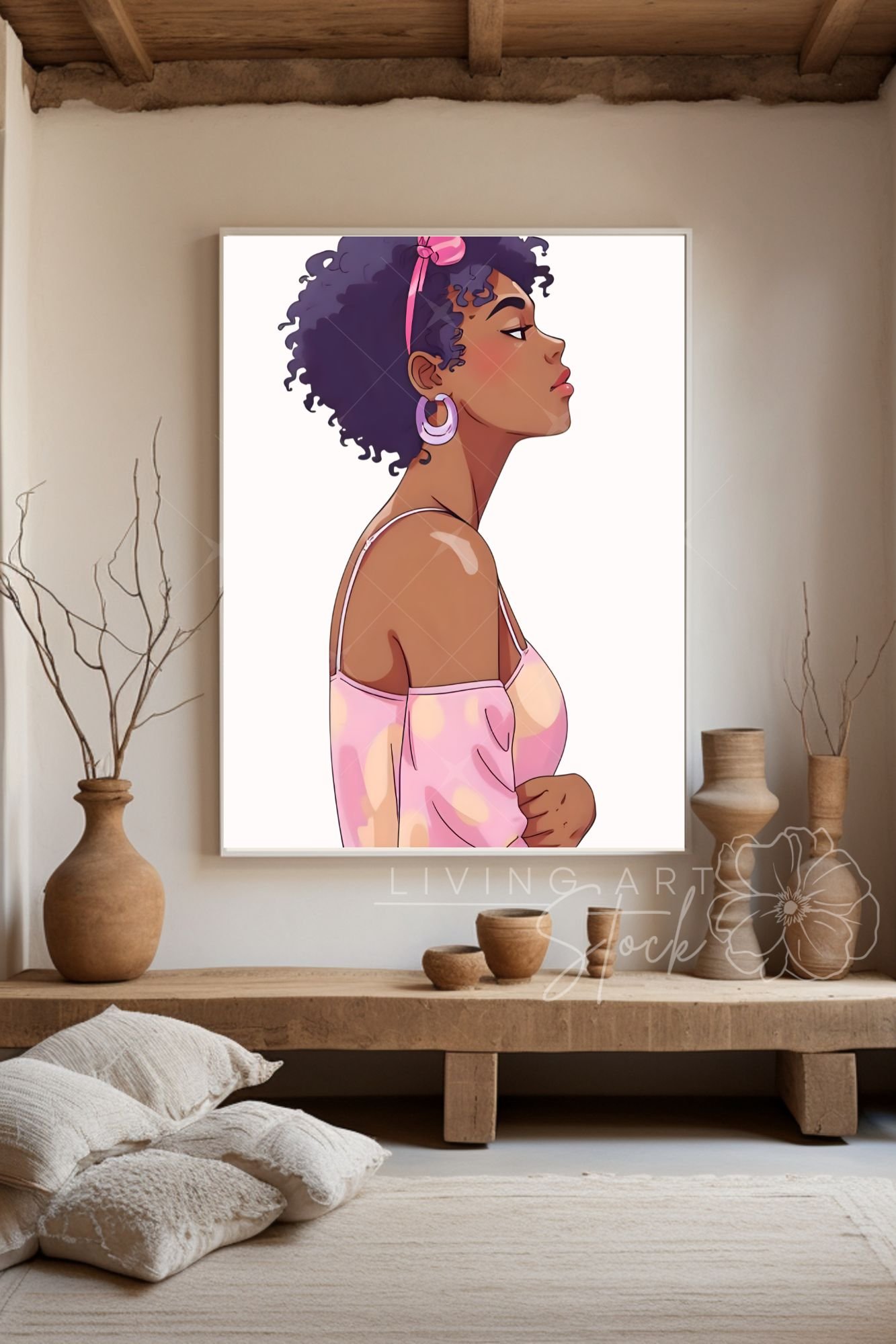 A stylish cartoon illustration of a confident young Black woman with an afro puff in purple, wearing a pink bow headband, a light purple hoop earring, and a pink and gold tie-dye cold-shoulder top, viewed in a profile portrait.