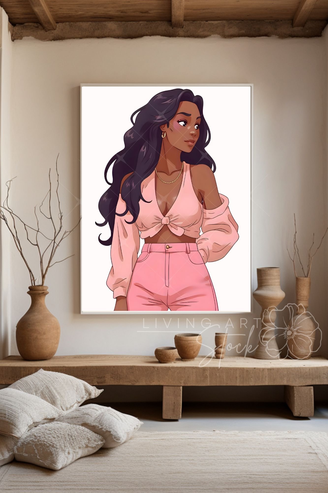 A cartoon illustration of a chic young Black woman with long wavy dark hair, looking to the side confidently. She is wearing a pastel pink tie-front off-the-shoulder long-sleeve crop top, high-waisted pink pants with a gold button, and gold jewelry, again