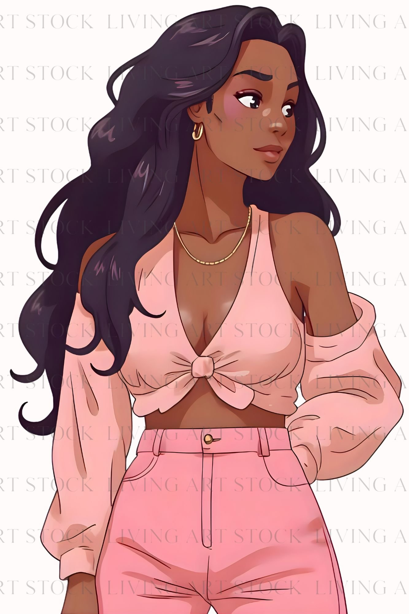 A cartoon illustration of a chic young Black woman with long wavy dark hair, looking to the side confidently. She is wearing a pastel pink tie-front off-the-shoulder long-sleeve crop top, high-waisted pink pants with a gold button, and gold jewelry, again