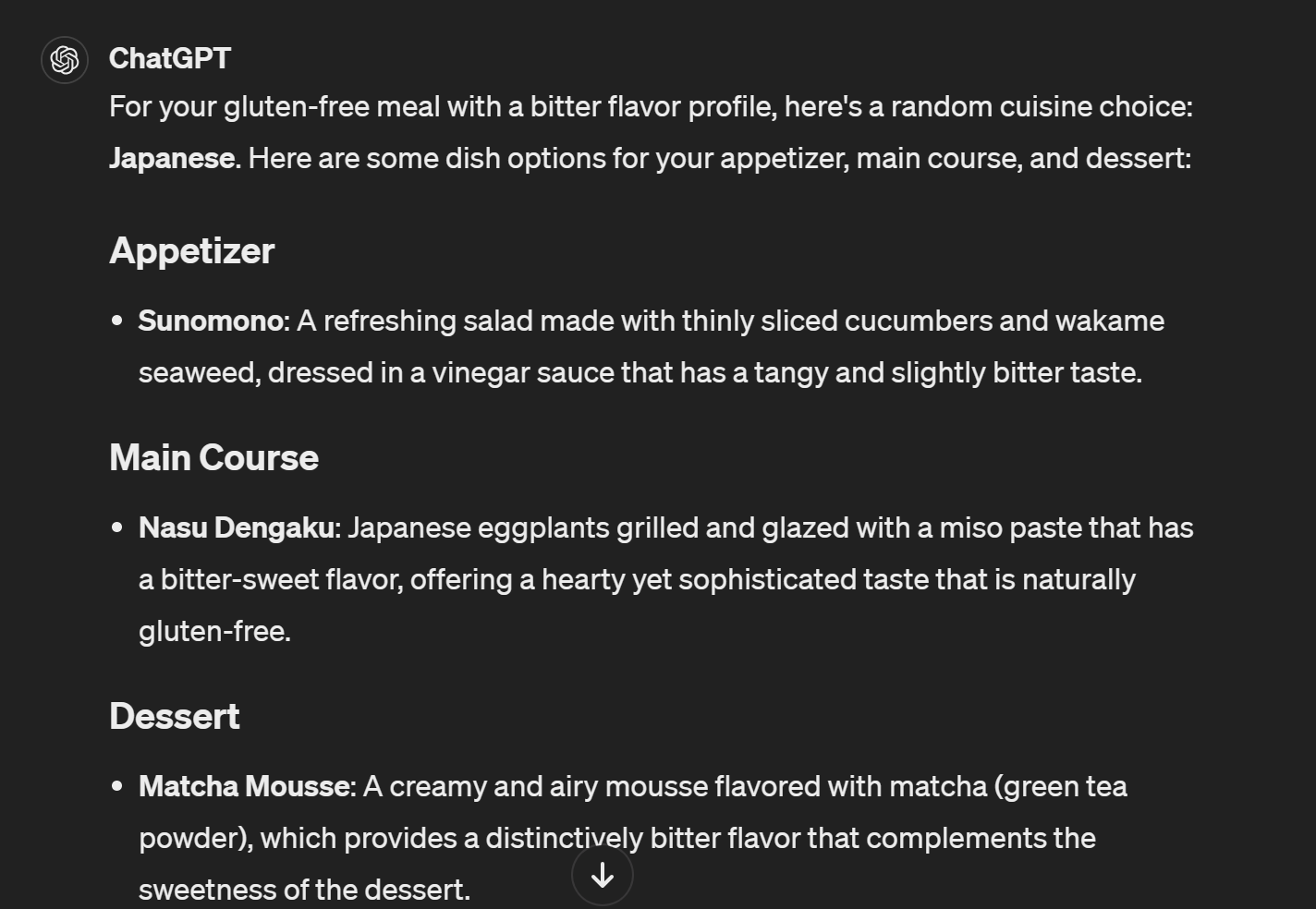 ChatGPT meal suggestion showing a Japanese gluten-free menu with appetizer, main course, and dessert options for a bitter flavor profile.