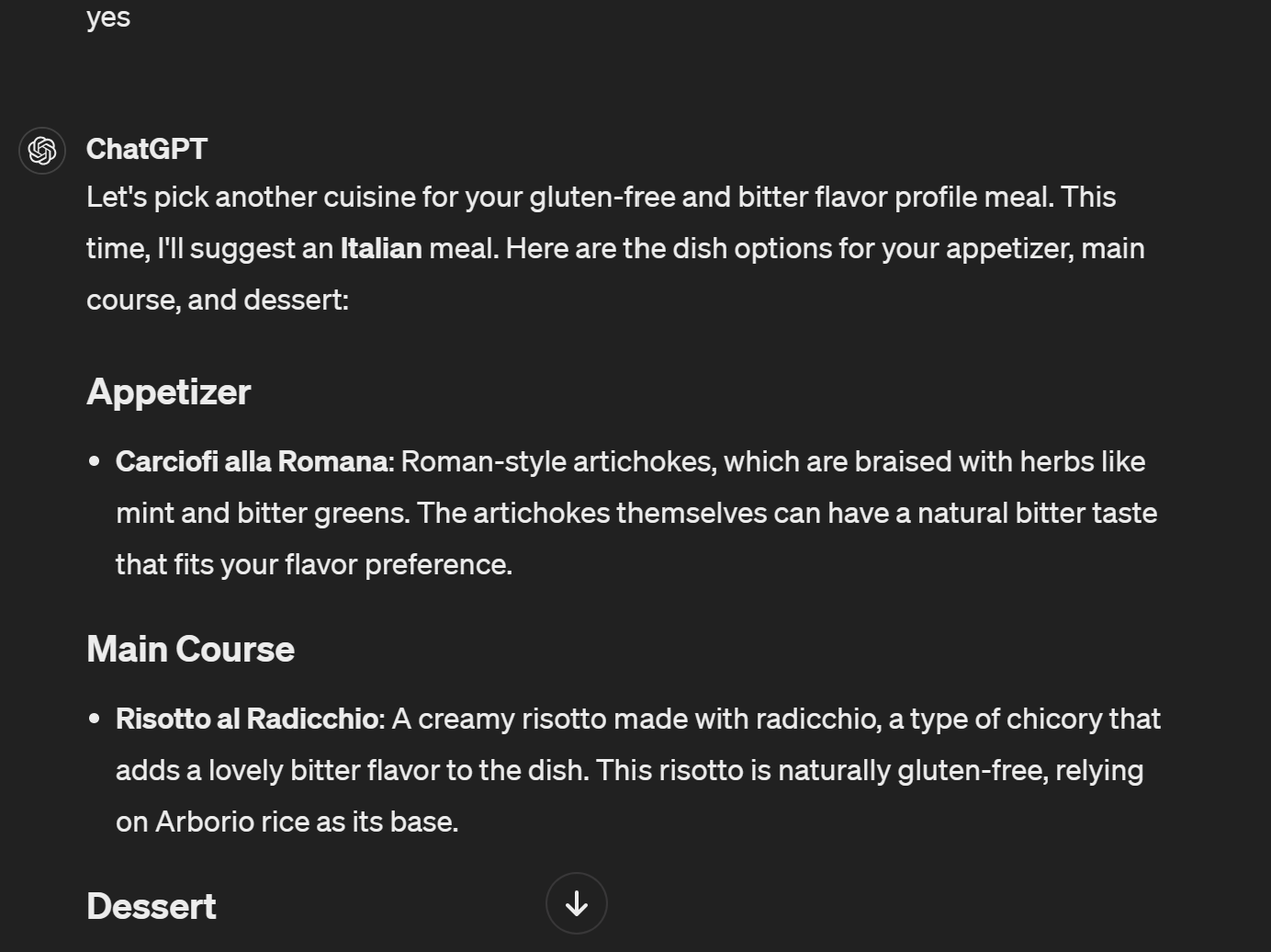 ChatGPT generating another random meal idea with an Italian gluten-free menu featuring appetizer, main course, and dessert suggestions.