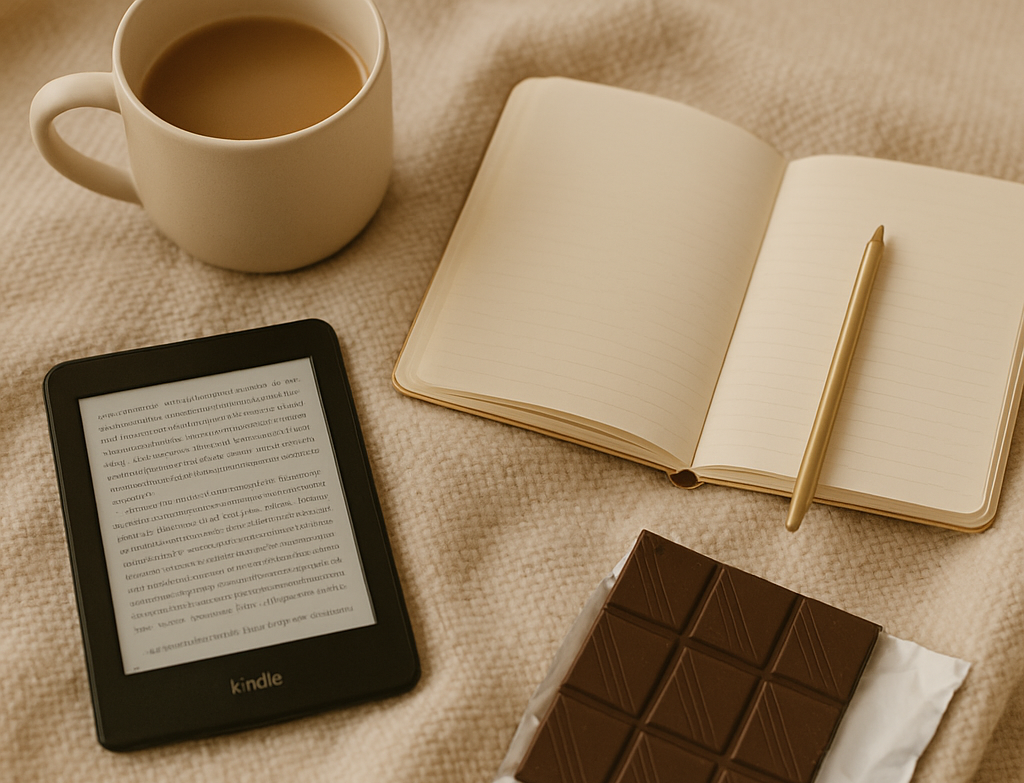 Kindle e-reader, notebook, tea, and chocolate arranged together, representing reflection, reading habits, and finding joy beyond productivity streaks.
