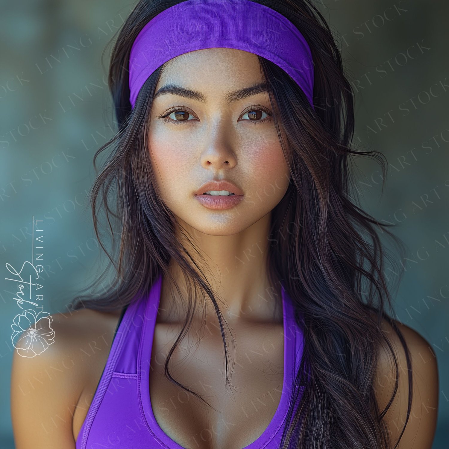Asian woman wearing fitness clothing with purple sweatband under natural sunlight
