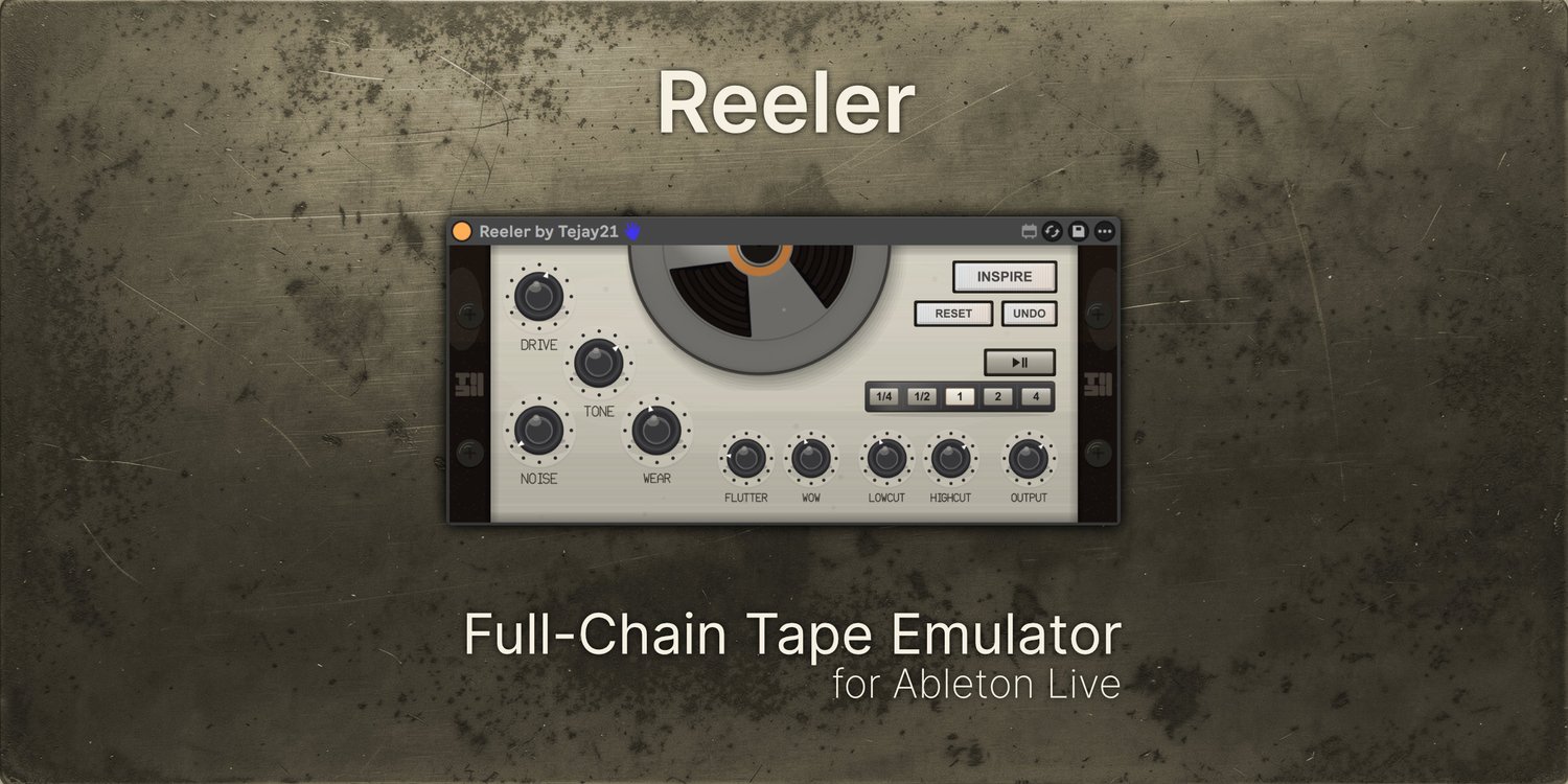 Reeler is a Max for Live tape emulator with drive, noise, wow & flutter, physical wear, beat-synced tape stop, and tilt EQ — the entire reel-to-reel signal chain in one device.