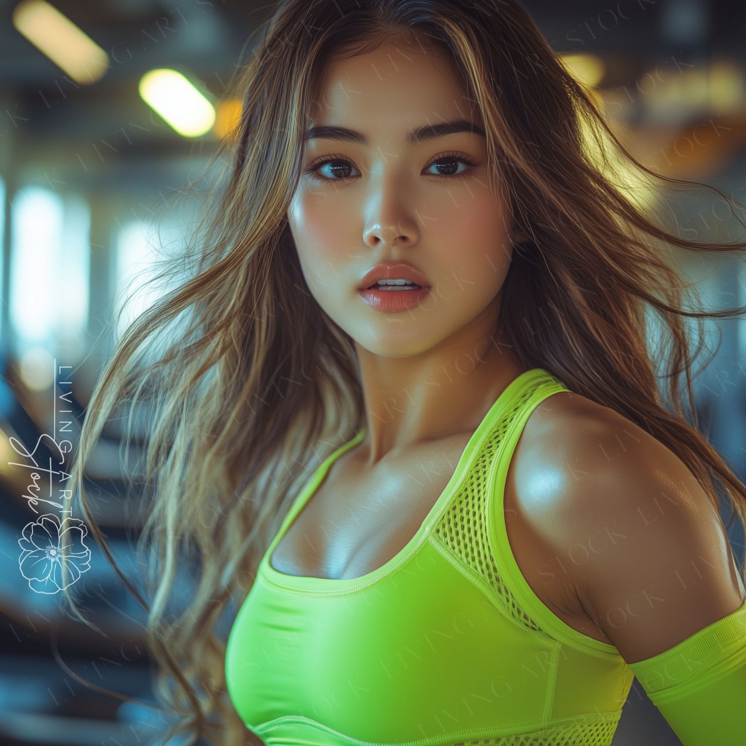 Asian woman in a gym wearing bright neon yellow workout fashion.