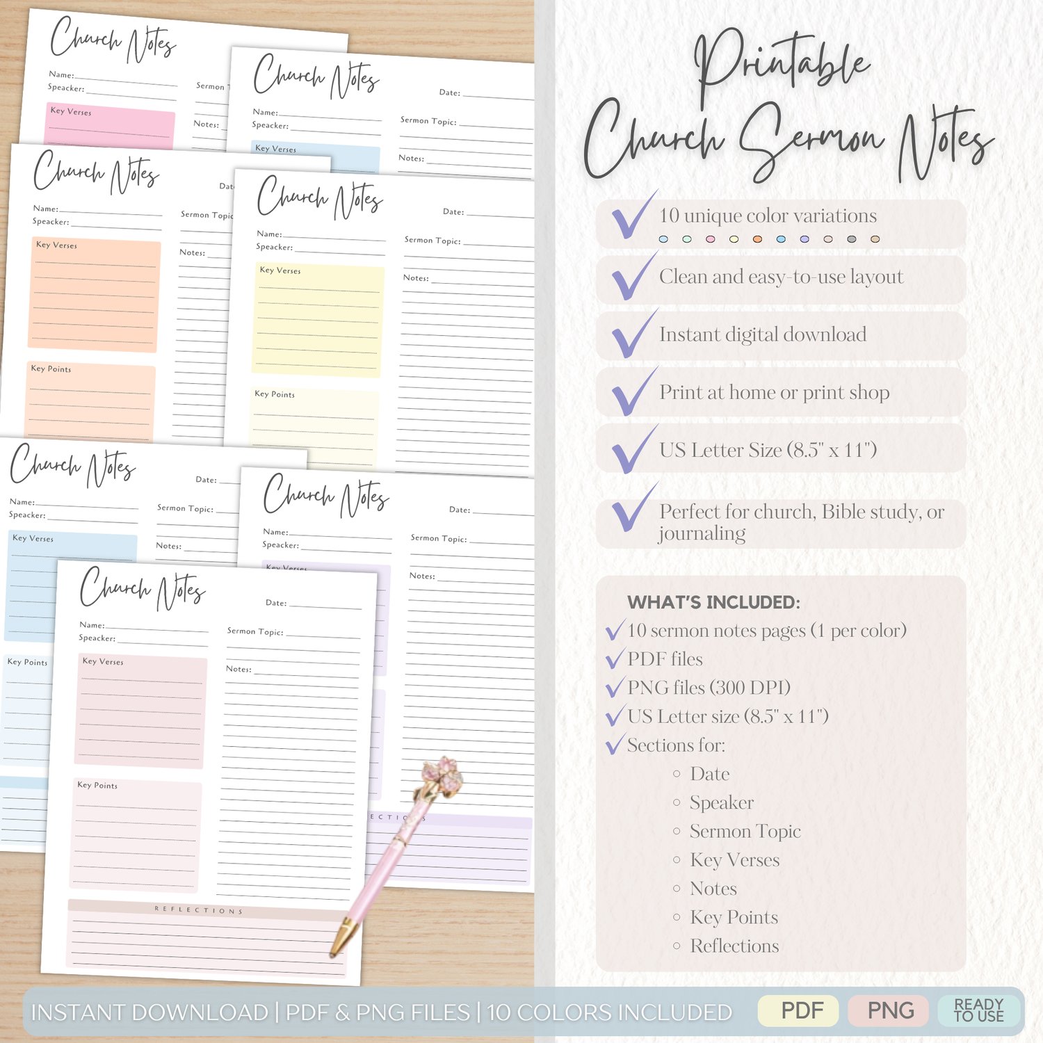Printable Church Sermon Notes Template, Christian Bible Study Worship ...