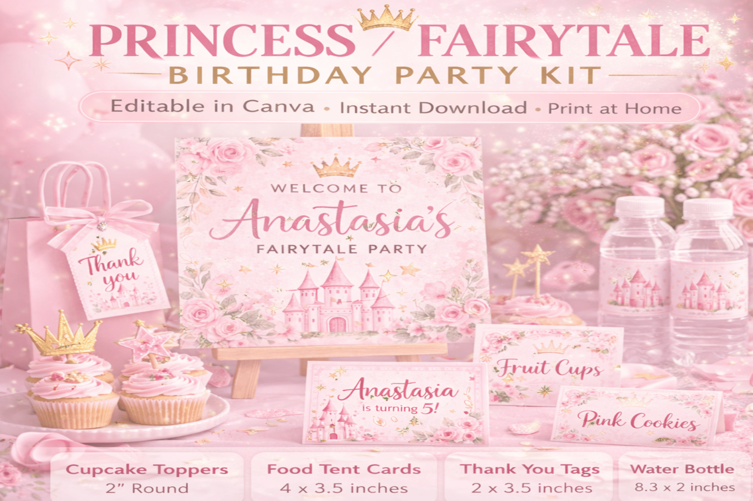 Princess Fairytale Birthday Party Kit – Editable Canva templates