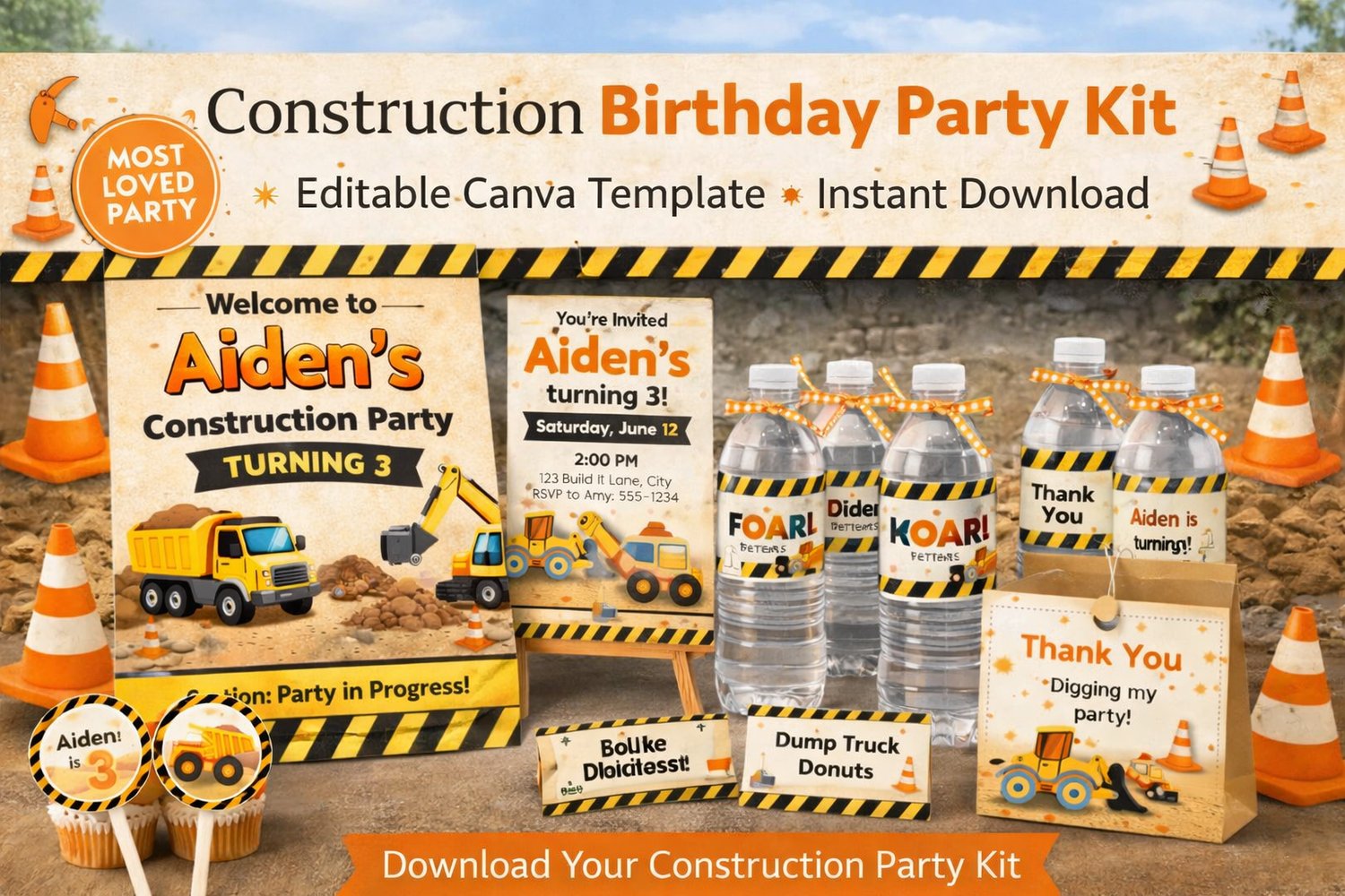 Construction birthday party kit printable editable Canva template bundle