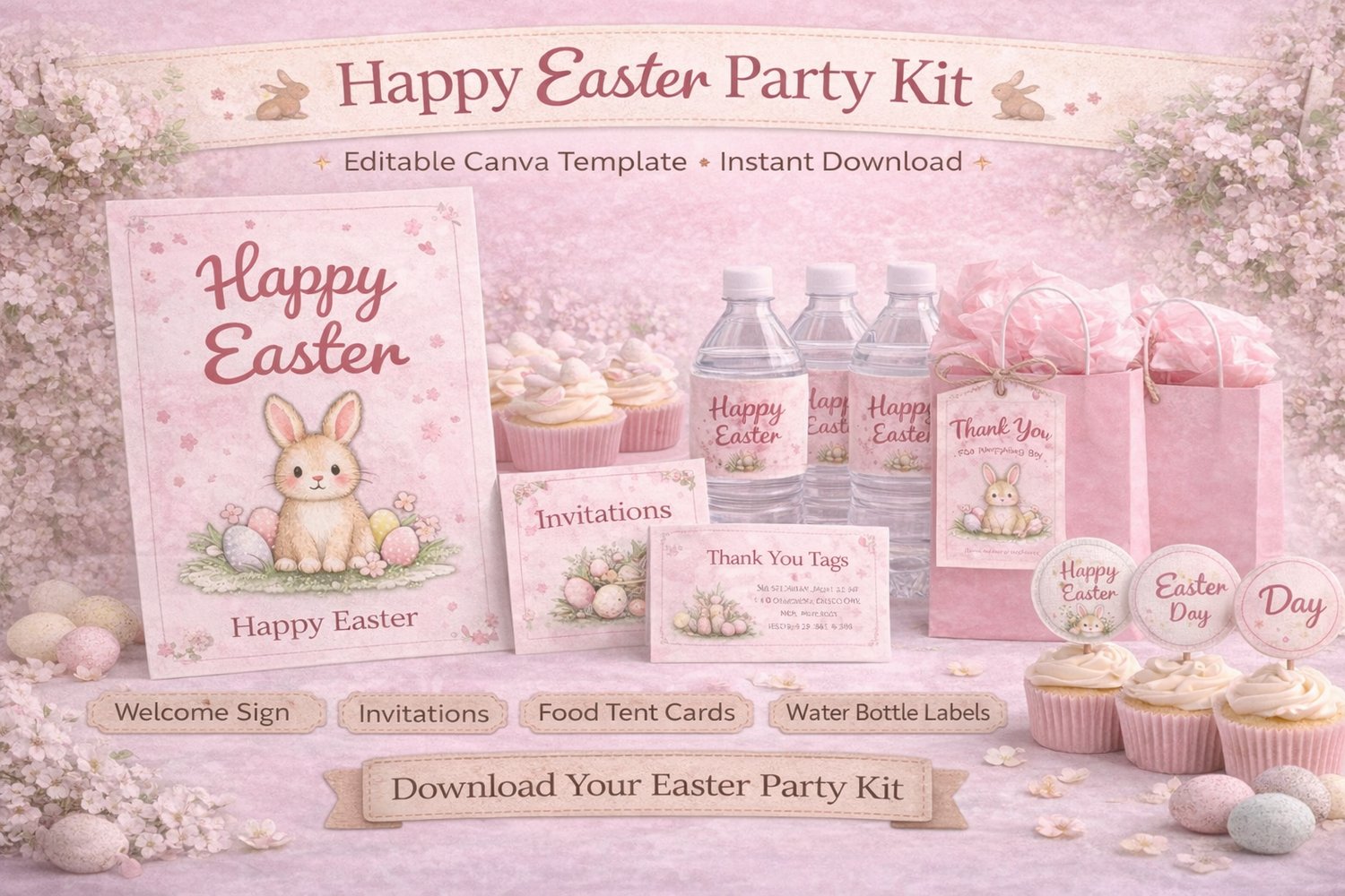 Easter party printable kit editable Canva bunny themed decorations