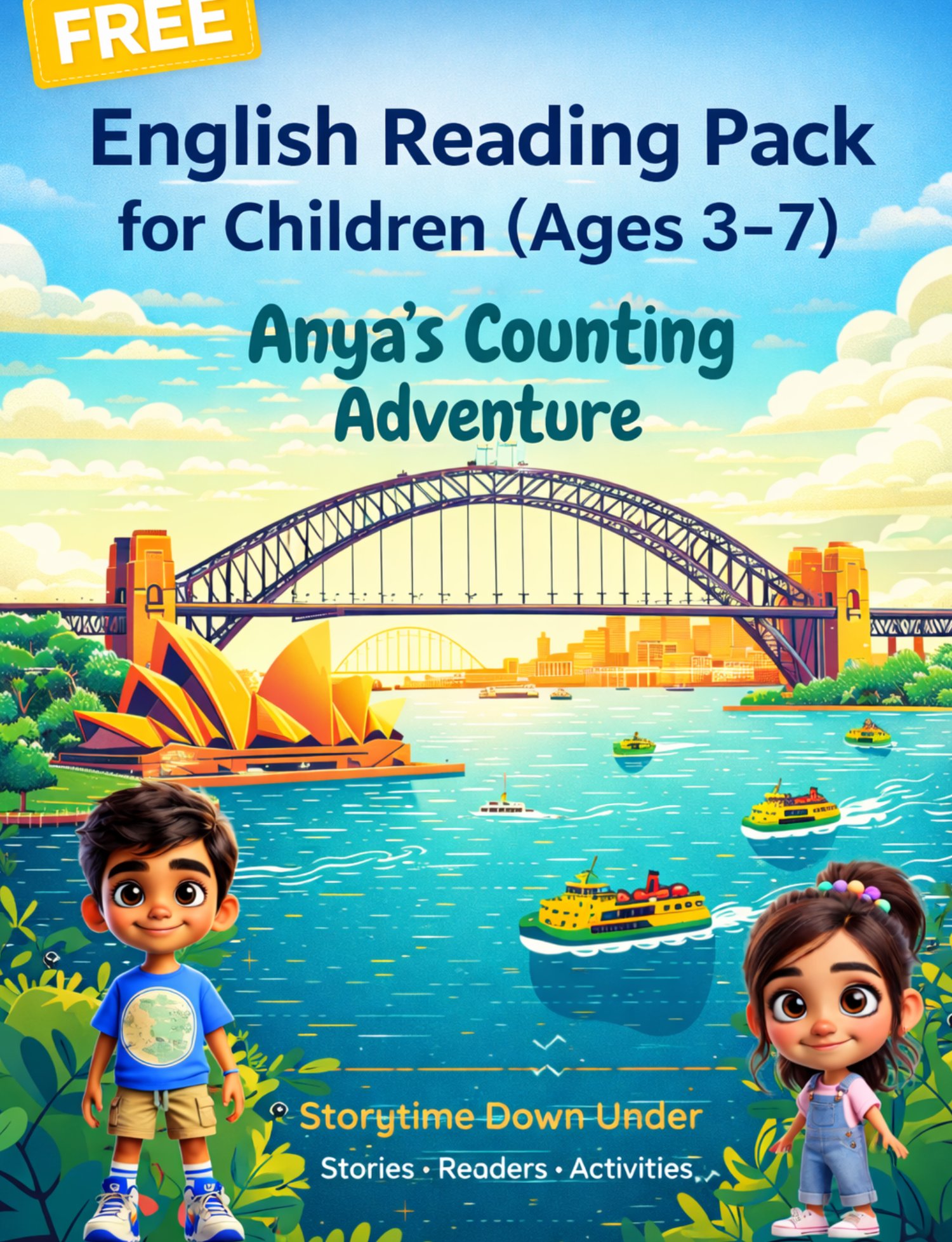 Free English reading pack for children ages 3–7 featuring Anya’s Counting Adventure storybook, graded readers, colouring books and writing practice for ESL learners.