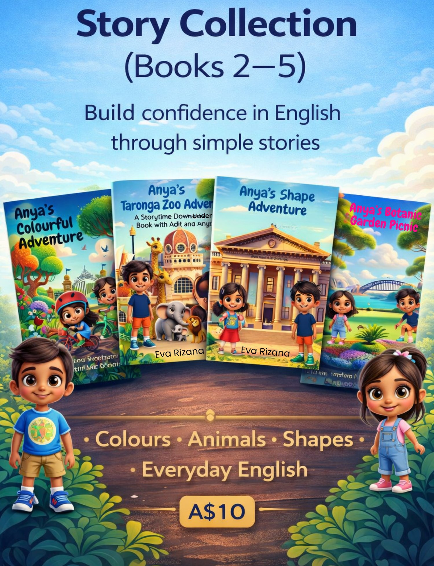 English story collection for children ages 3–7 featuring four beginner storybooks covering colours, animals, shapes and everyday English for ESL learners. A collection of four English storybooks for children ages 3–7 designed to support early reading and 