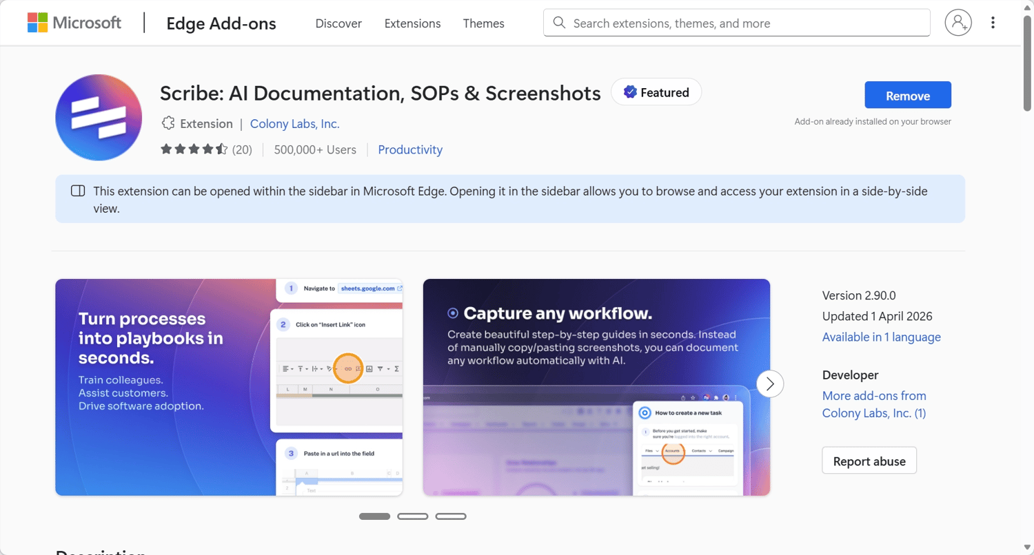 Microsoft Edge Add-ons page showing Scribe extension