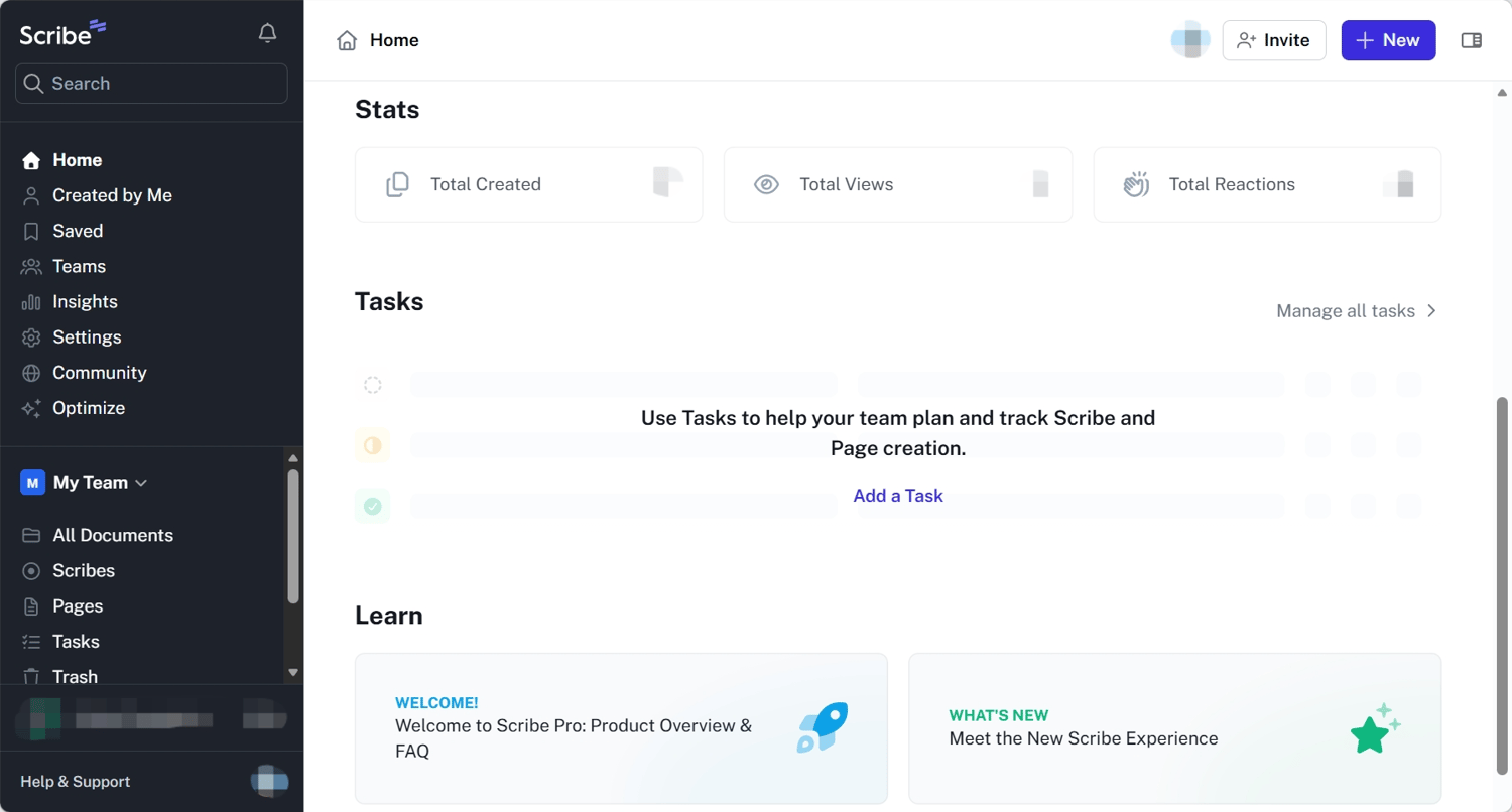 Scribe dashboard showing stats, tasks, and navigation
