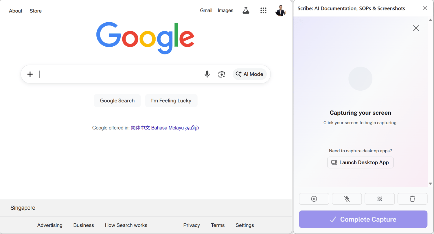 Google homepage with Scribe capture panel showing "Capturing your screen
