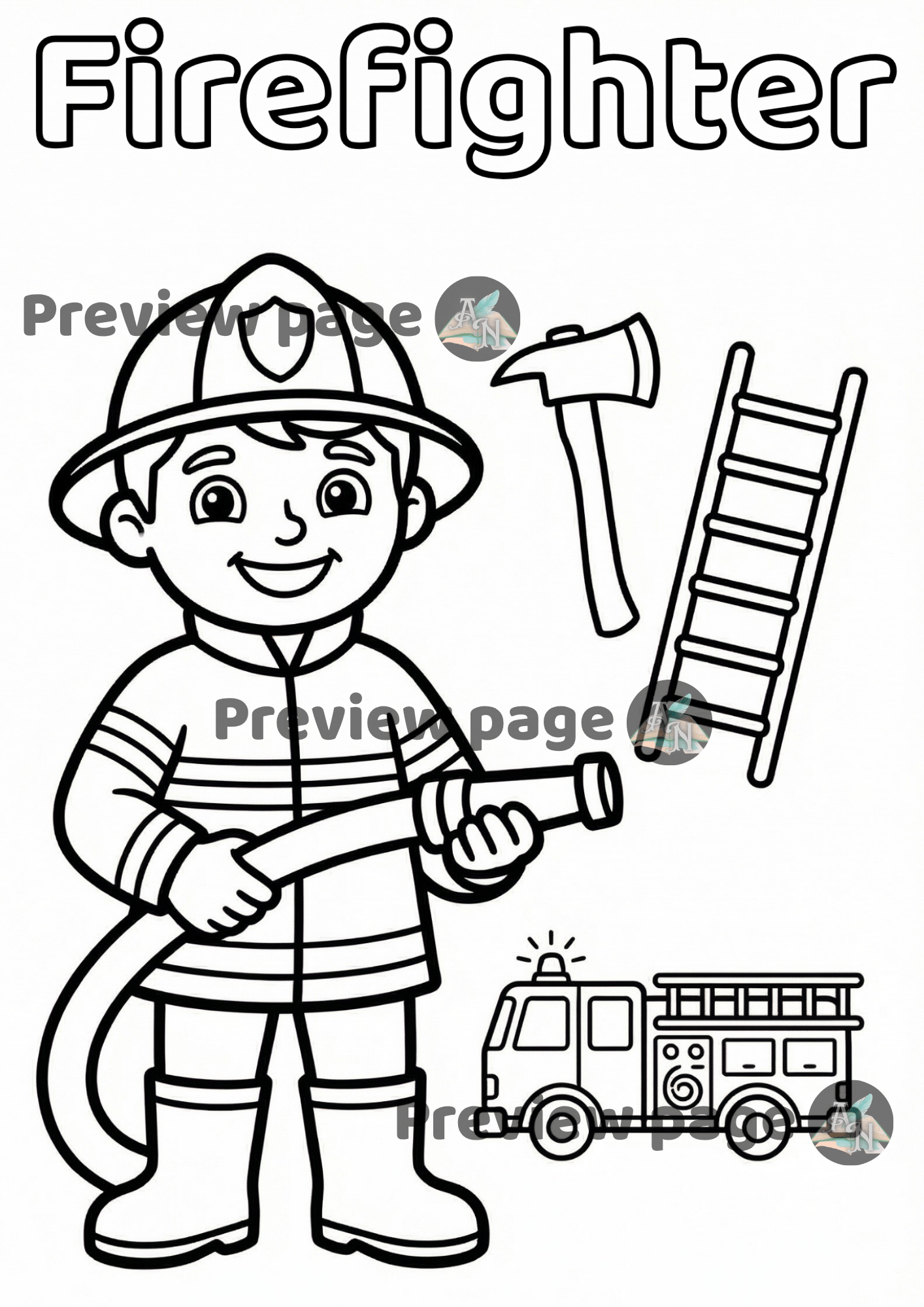 Firefighter coloring page for kids printable with fire truck, ladder and rescue tools, fun and educational activity for young children
