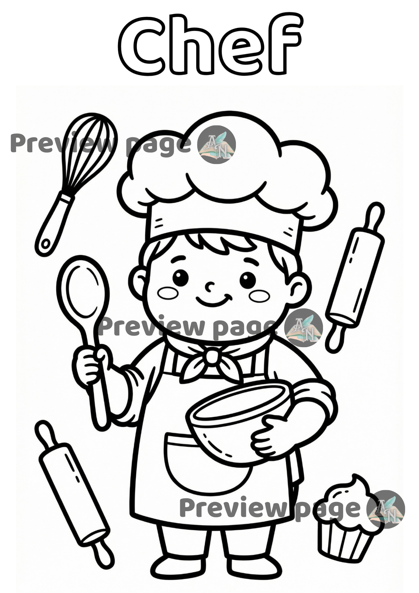 Chef coloring page for kids printable with simple bold outlines, cooking tools and cute character, easy activity for preschool learning