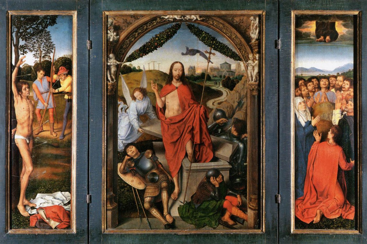 Triptych of the Resurrection by Hans Memling (1433-1494). Christ is in the centre, an angel is sliding the lid of a table tomb and Jesus is stepping out. The left panel has a young man wearing only a loin cloth that resembles white underpants! In the righ