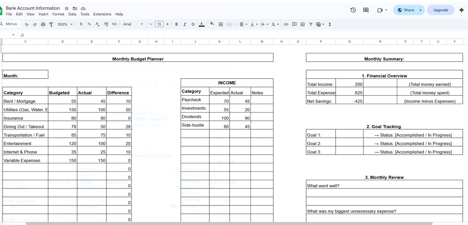 Bank Account Information March tab shows complete financial data