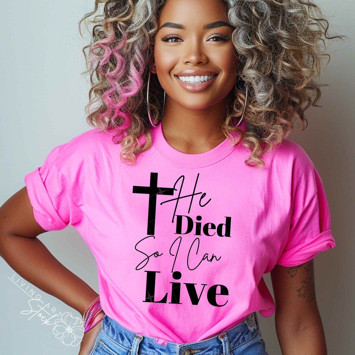 Christian t-shirt designs. Featuring pink crewneck tshirt.