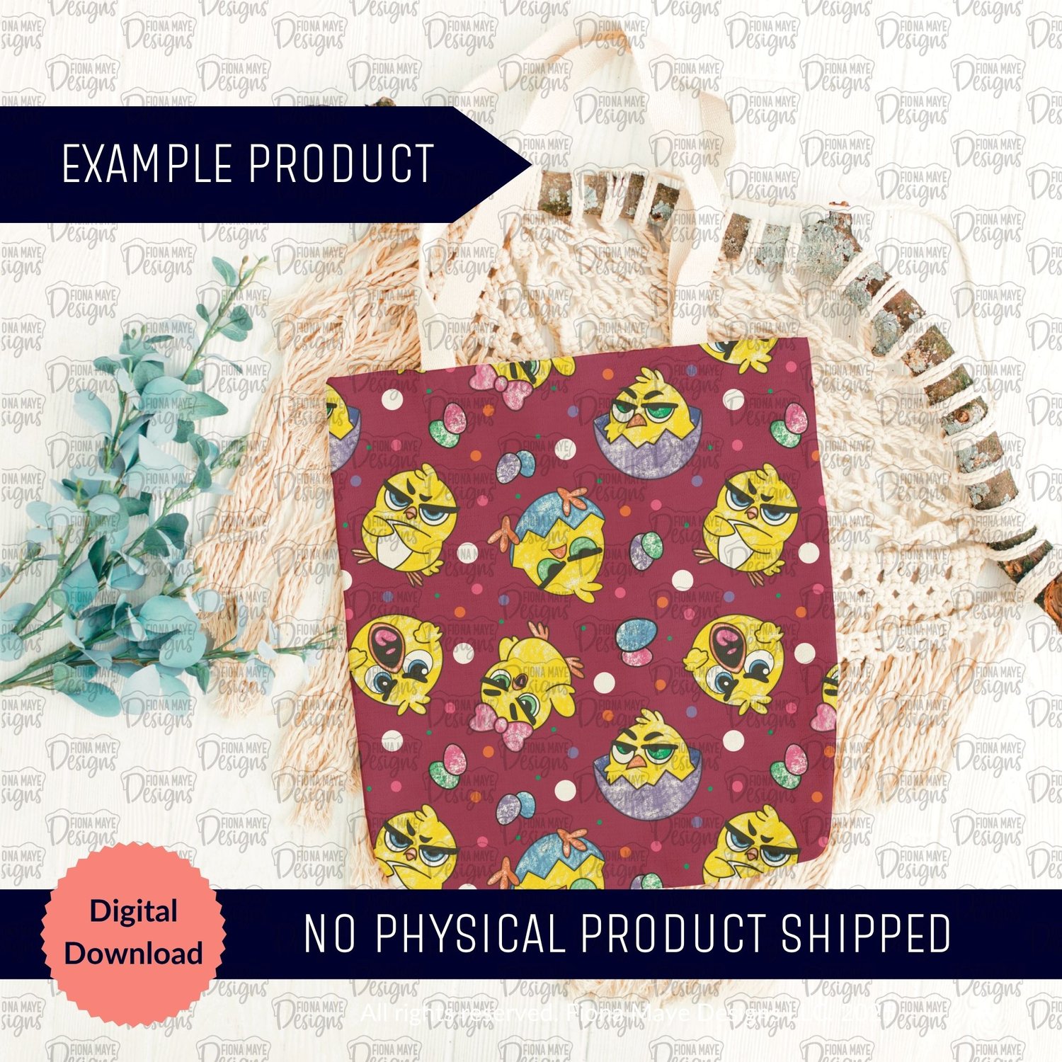 Tote bag mockup featuring a maroon pattern with yellow chicks wearing sunglasses, Easter eggs, and polka dots, shown on a woven mat with labels indicating it is a digital download.