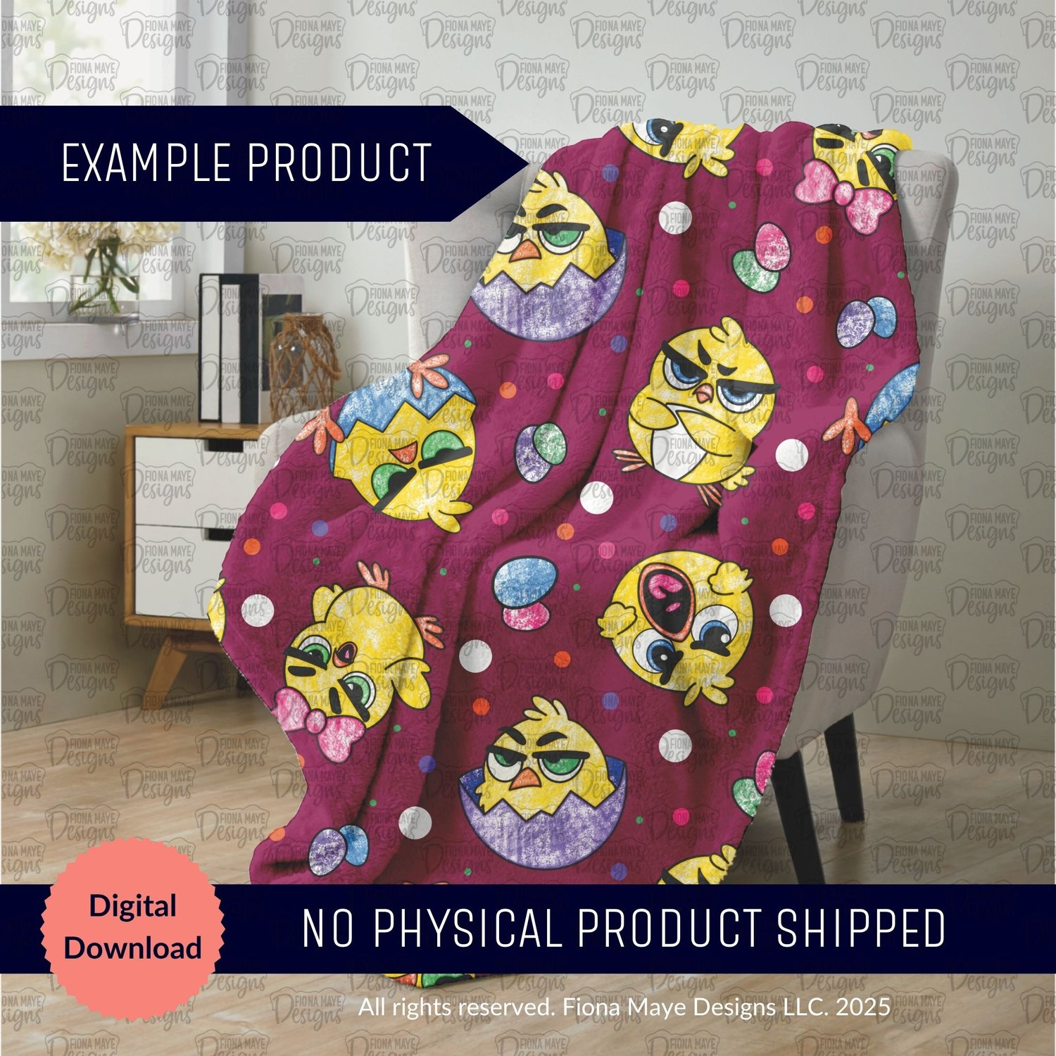 Blanket mockup featuring a bright magenta pattern with yellow sunglasses‑wearing chicks, Easter eggs, and colorful dots, draped over a chair with labels indicating it is a digital download.