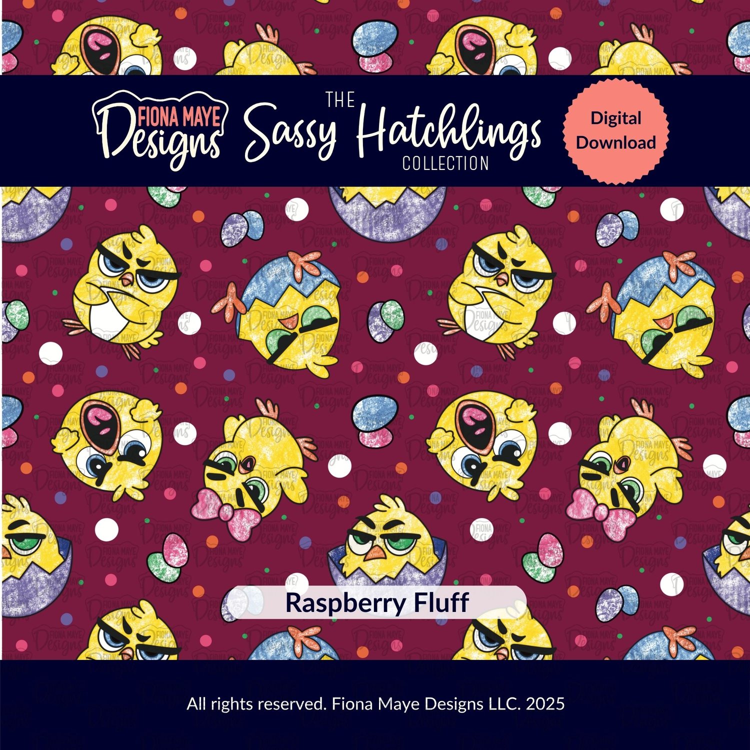 “Seamless raspberry‑colored pattern featuring playful yellow hatchlings, colorful eggs, and decorative dots from the Sassy Hatchlings collection.