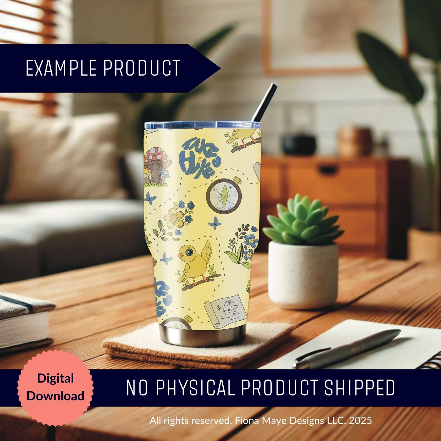 Tumbler mockup featuring a light yellow nature‑themed design with a bird, flowers, leaves, and the word ‘alive,’ shown on a wooden table with labels indicating it is a digital download.S
