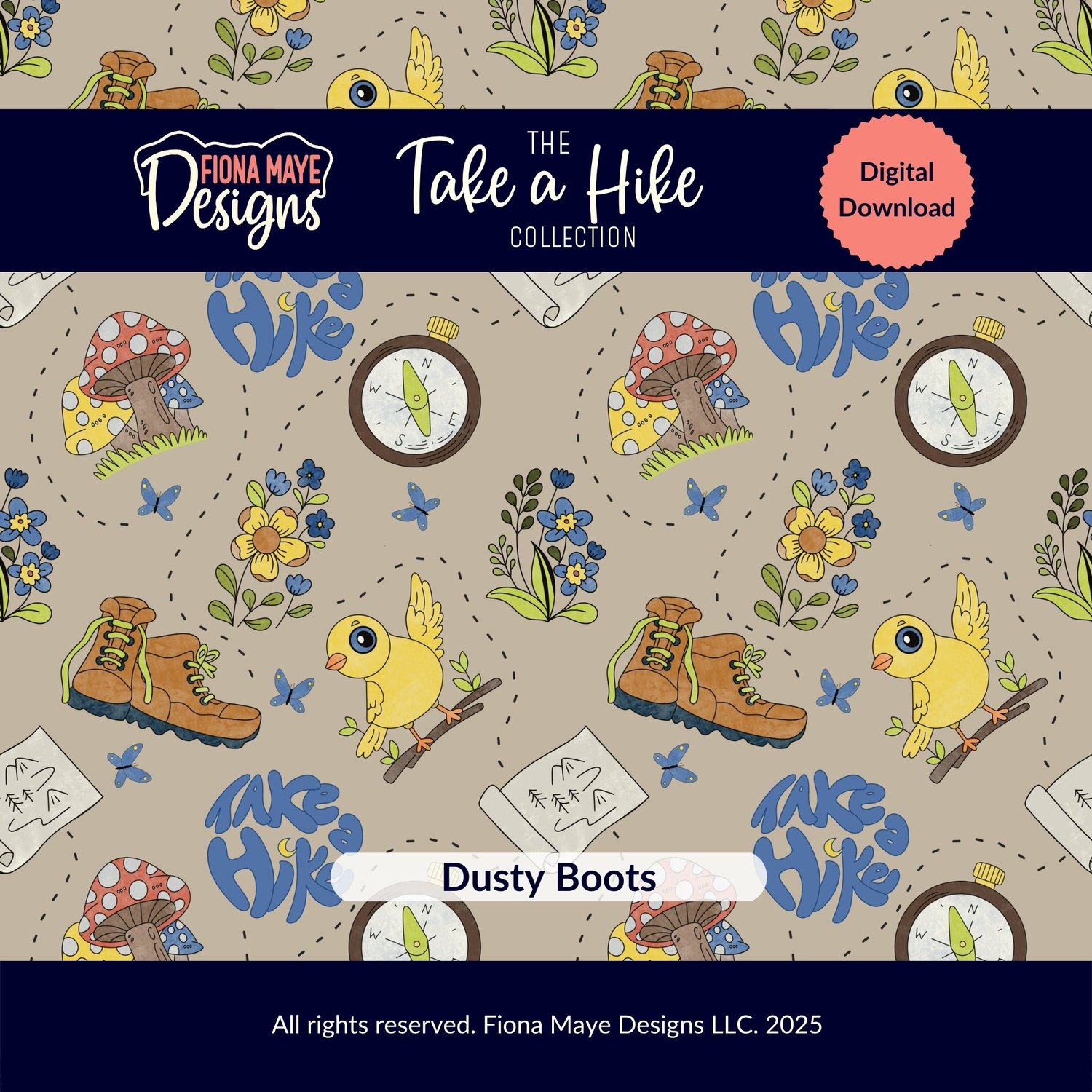 Whimsical hiking‑themed seamless pattern featuring boots, maps, compasses, mushrooms, flowers, birds, and the phrase ‘Take a Hike’ in blue lettering.