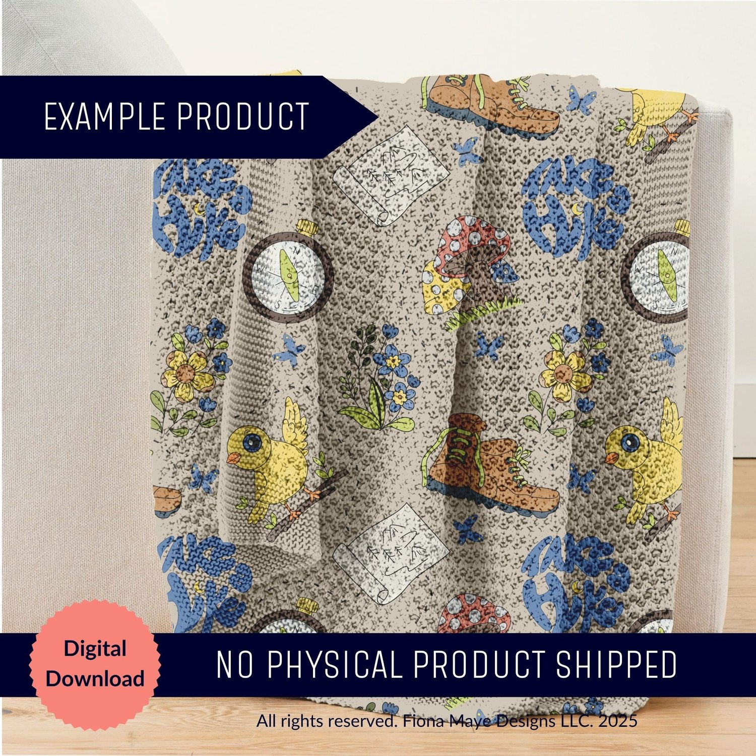 Blanket mockup featuring a beige crochet‑style design with repeating cowboy boots, yellow birds, blue flowers, green leaves, and small square motifs, draped over a chair with labels indicating it is a digital download.