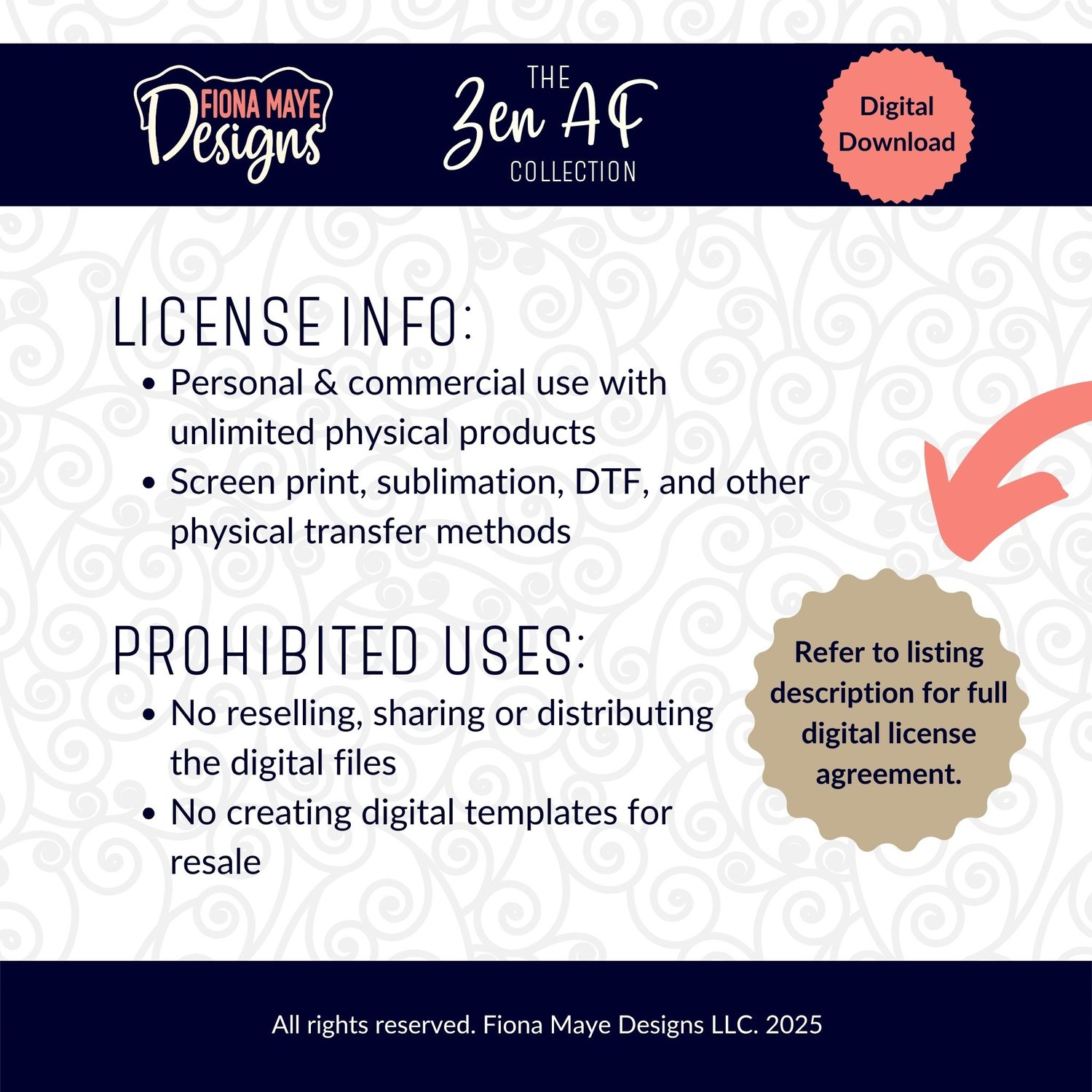 License info card for the Zen AF Collection showing personal and commercial use terms, prohibited uses, and a decorative swirl background with a digital download badge.