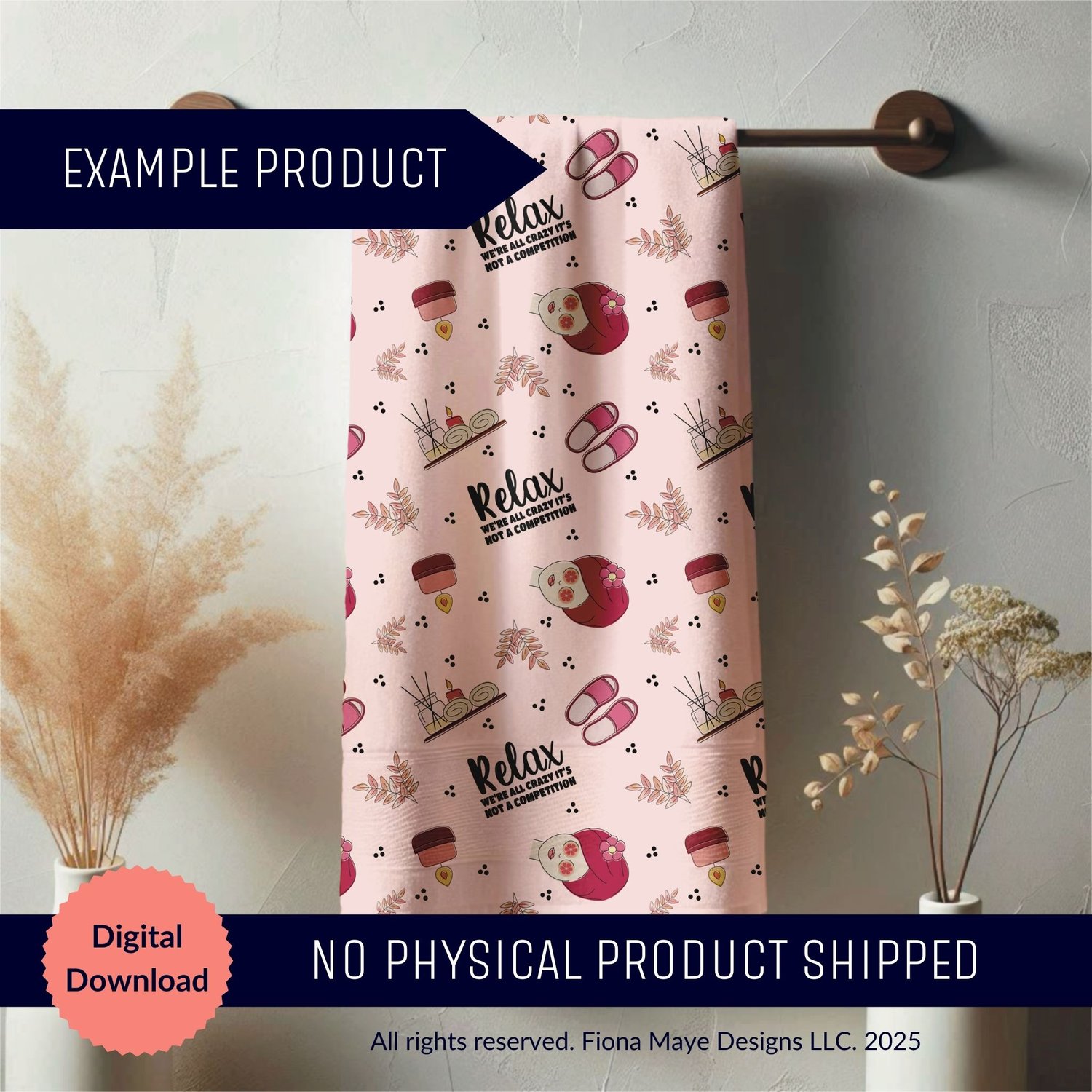 Pink spa‑themed towel mockup with a repeating pattern of a woman in a hair wrap, coffee cups, candles, slippers, and the word “Relax,” shown as a digital download example.