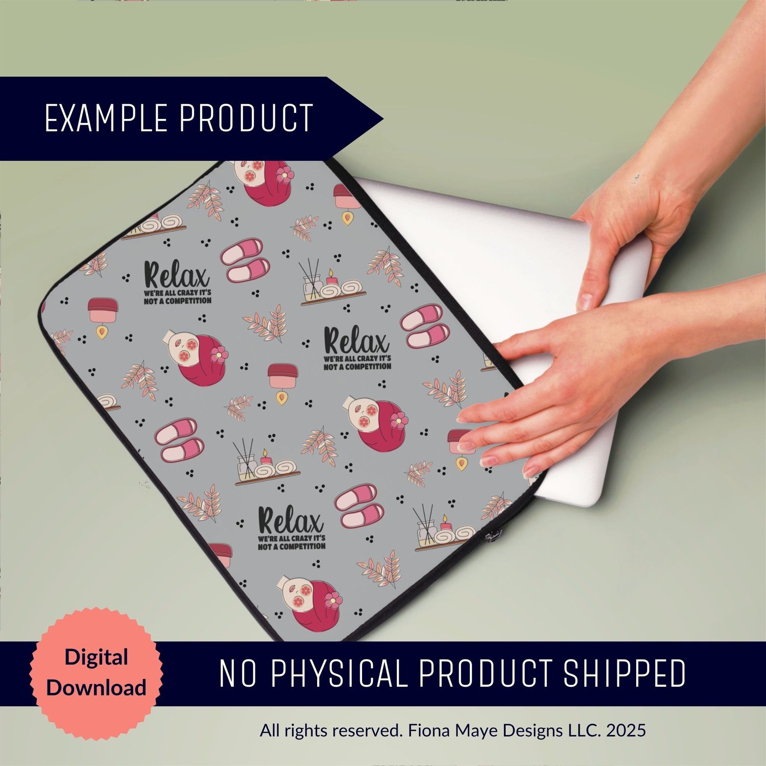 Gray laptop sleeve mockup featuring a repeating sloth, mug, and leaf pattern with the phrase “Relax and be awesome,” shown as a digital download example.