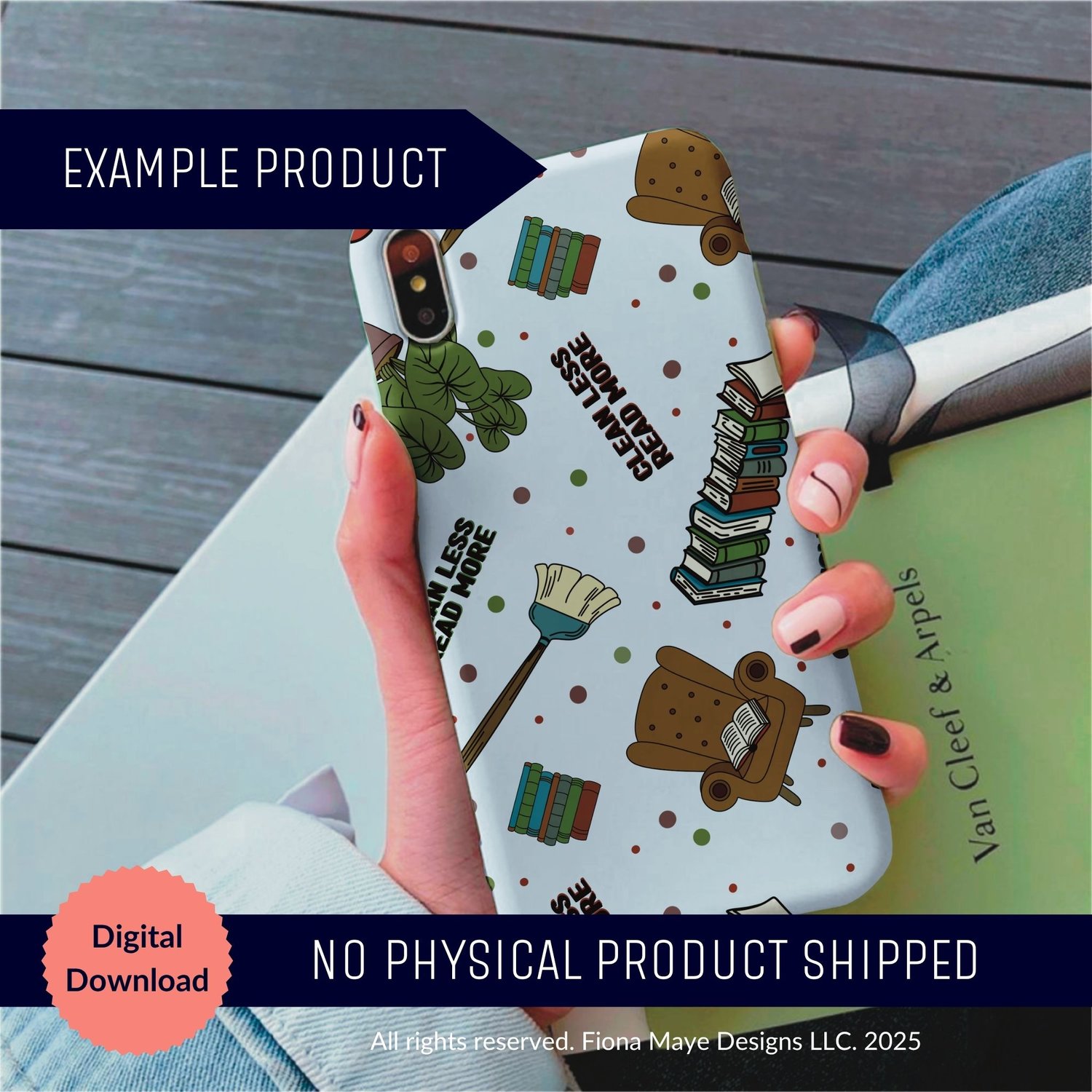 Phone case mockup featuring a book‑themed pattern with books, a plant, a cozy chair, and the phrase “Clean Less Read More,” shown as a listing preview.