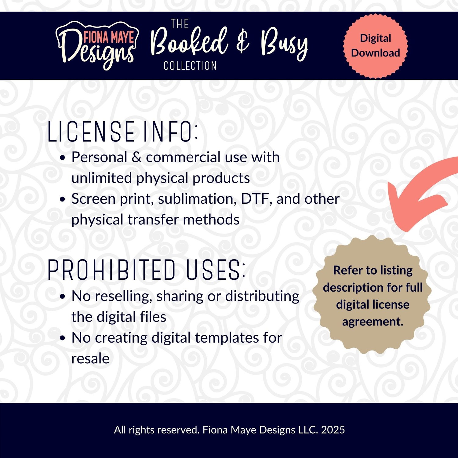 License info graphic for the Booked & Busy Collection outlining allowed uses and prohibited uses for the digital download, with a swirl background and gold badge.