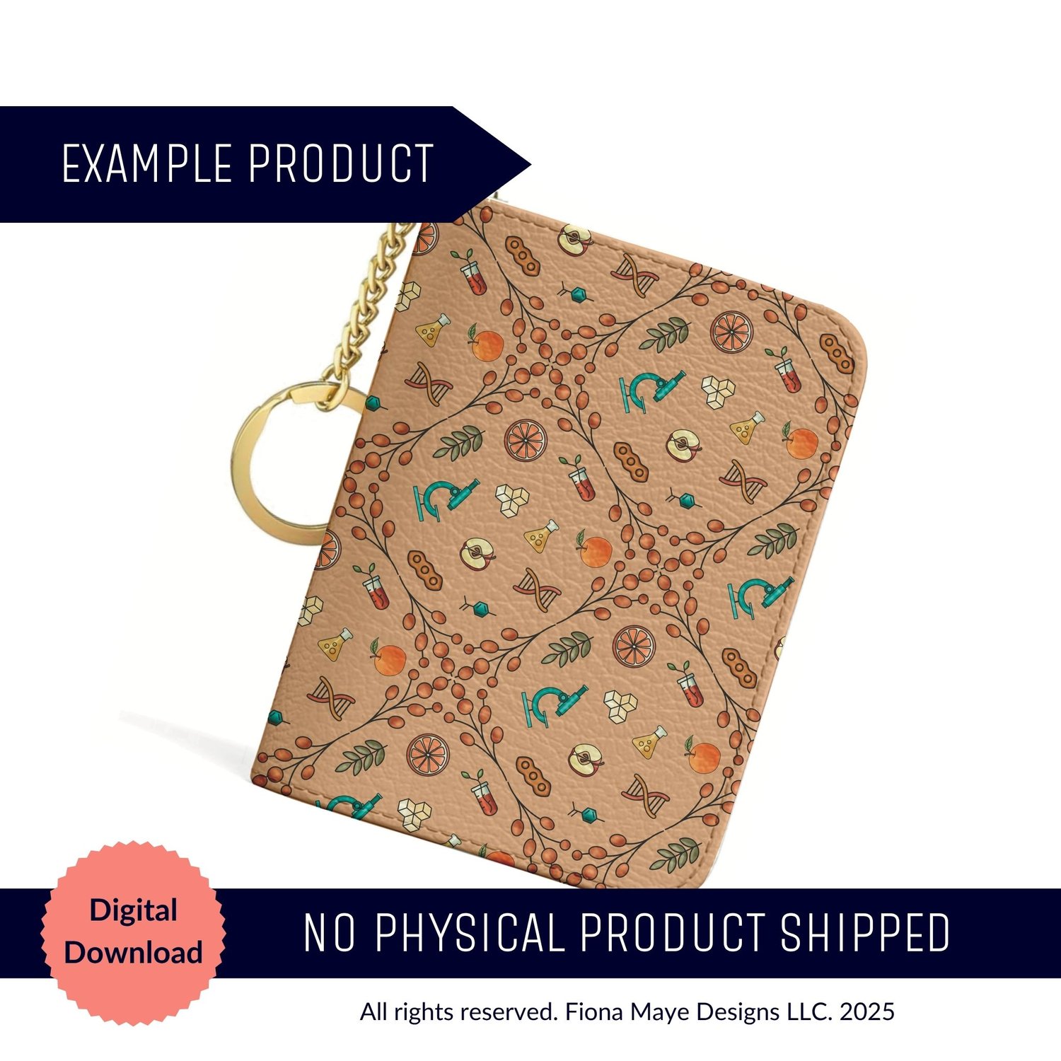 Keychain wallet mockup with a tan seamless pattern featuring small colorful food‑science motifs, shown as a digital product preview with “no physical product shipped” banners.