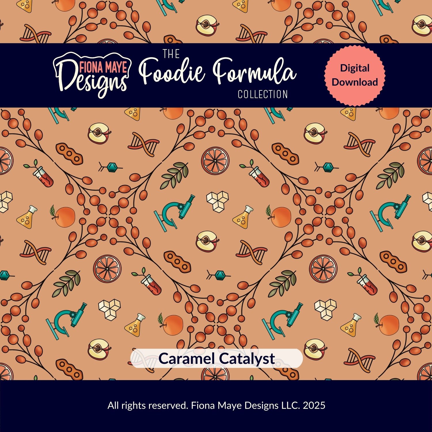 Warm caramel‑toned seamless pattern featuring food‑science elements like fruit slices, utensils, and geometric motifs, shown as the main listing preview.