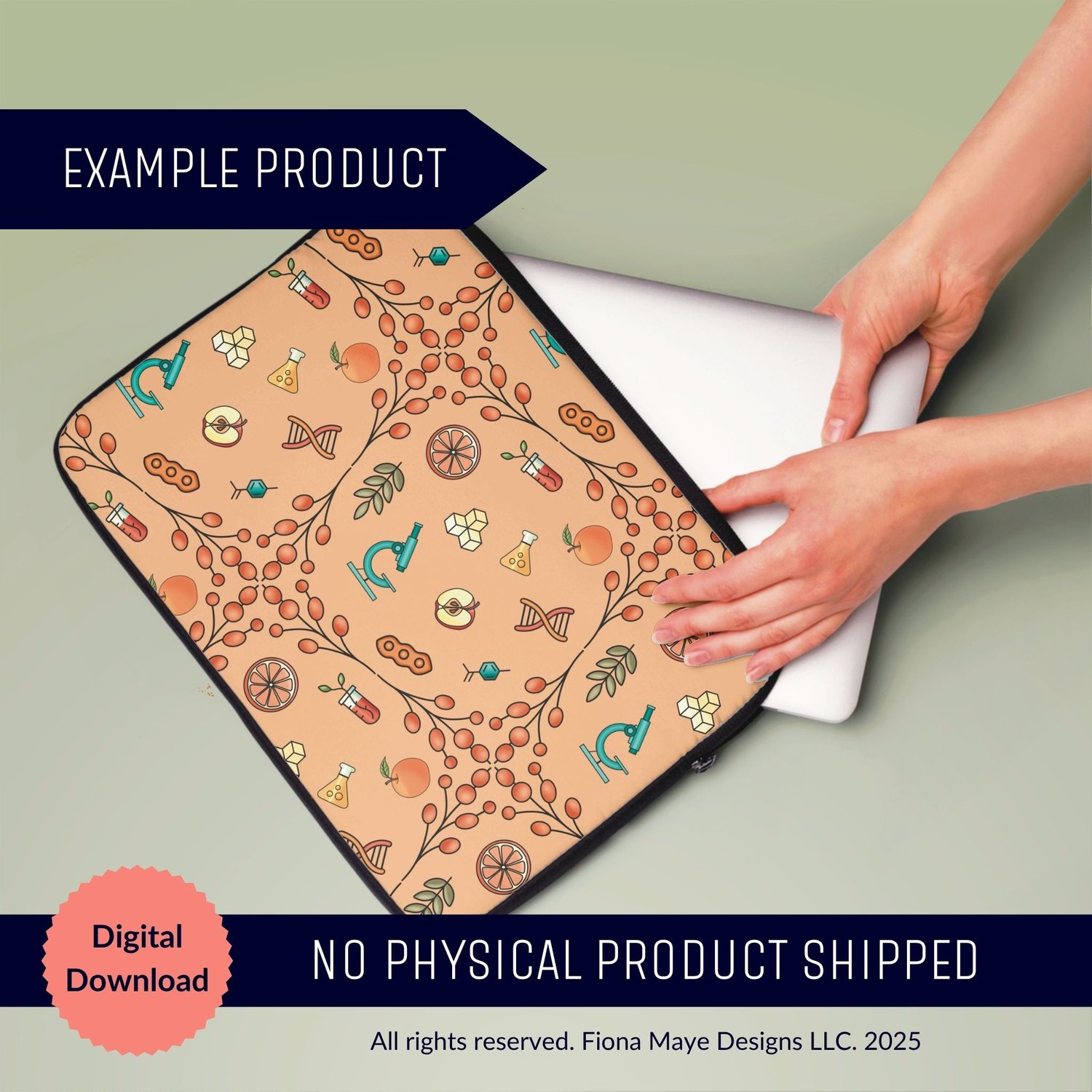 Laptop sleeve mockup with a peach seamless pattern featuring playful food‑science motifs like fruits, flowers, and abstract shapes, shown as a digital product preview.