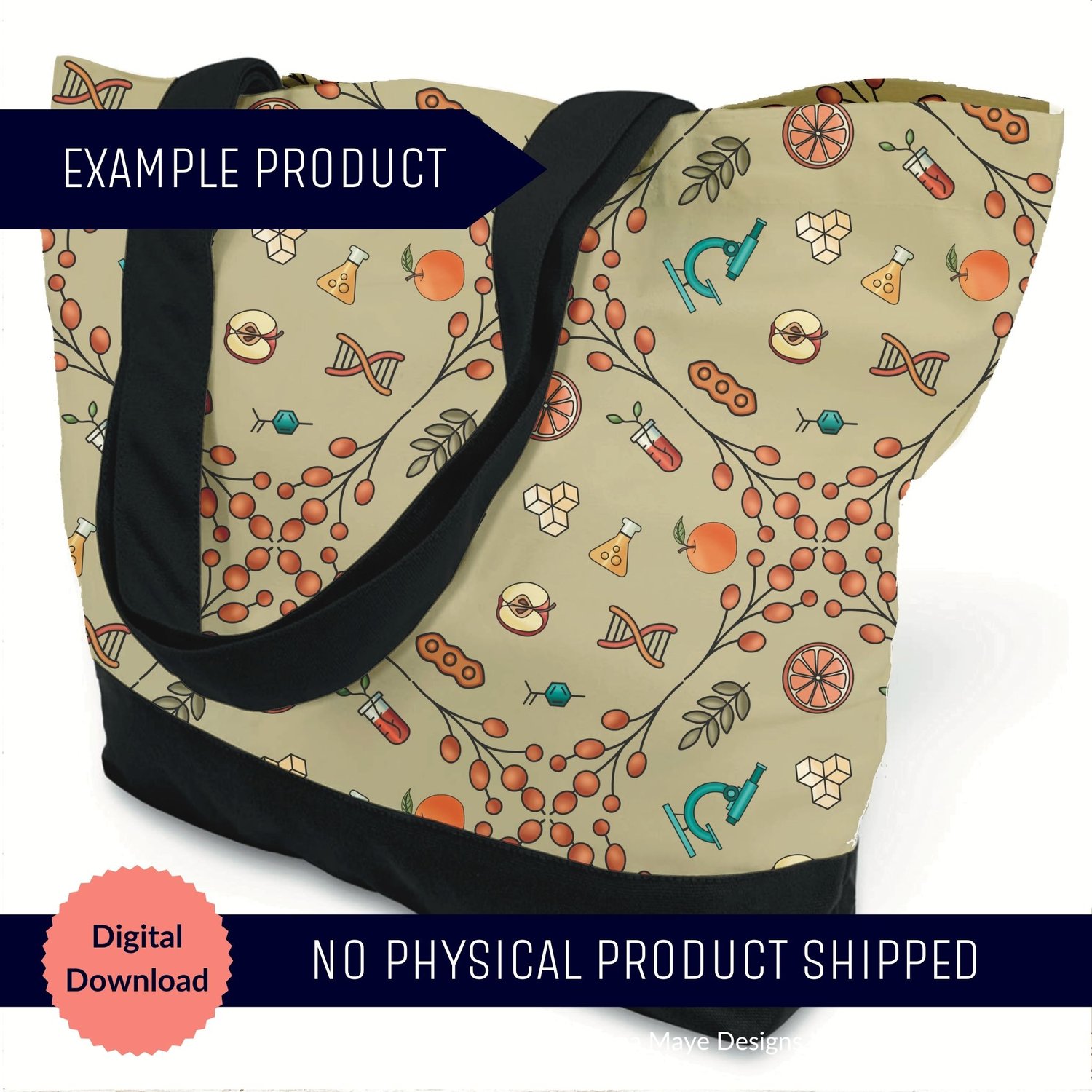 Tote bag mockup with a beige seamless pattern featuring colorful food‑science motifs like candies, citrus slices, flowers, and abstract shapes, shown as a digital preview.