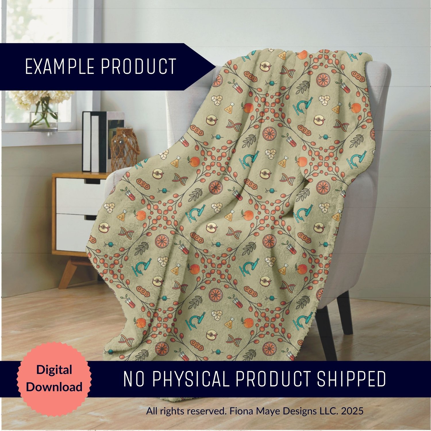 Blanket mockup draped over a chair featuring a beige seamless pattern with colorful food‑science motifs like birds, flowers, and abstract shapes, shown as a digital preview.