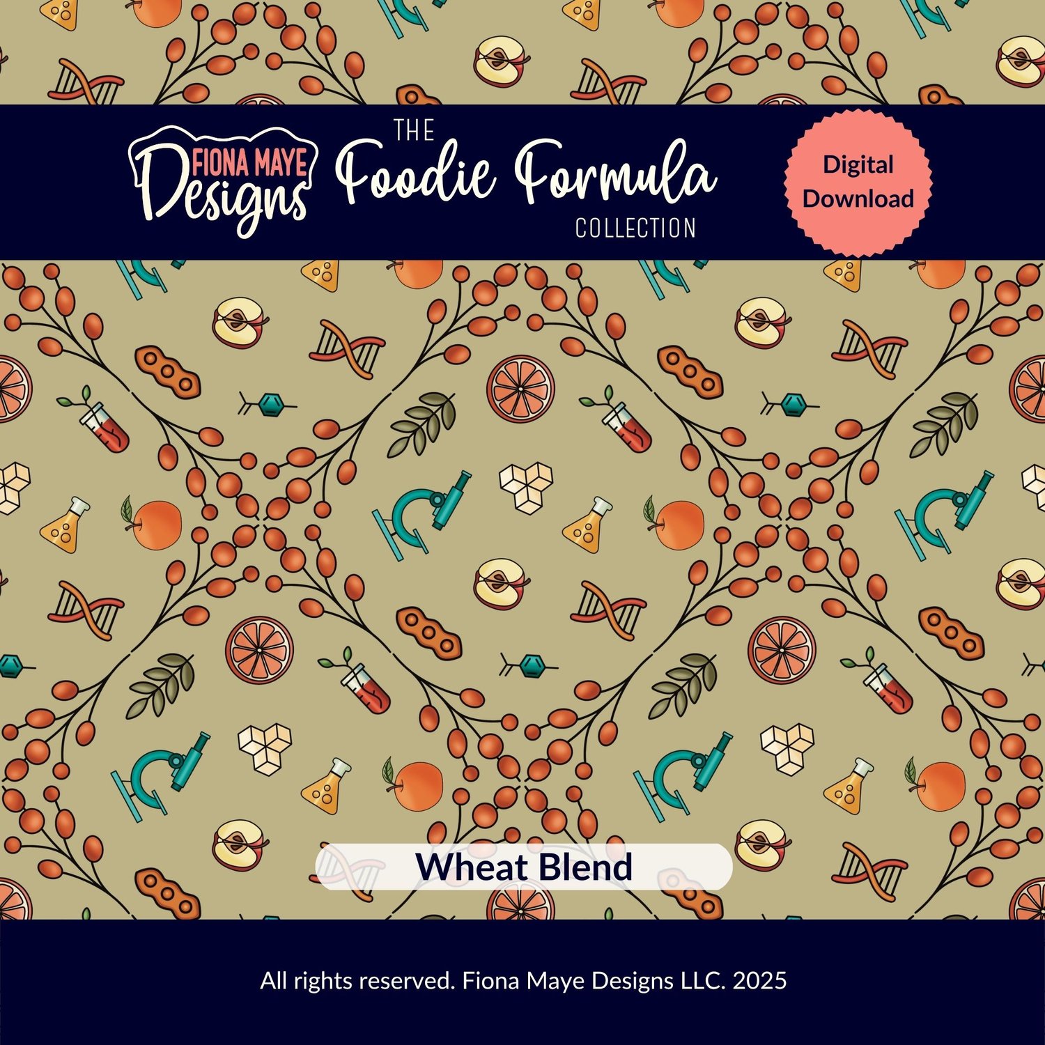 Tan seamless pattern featuring colorful food‑science motifs like fruits, veggies, utensils, and geometric elements, shown as the main listing preview.