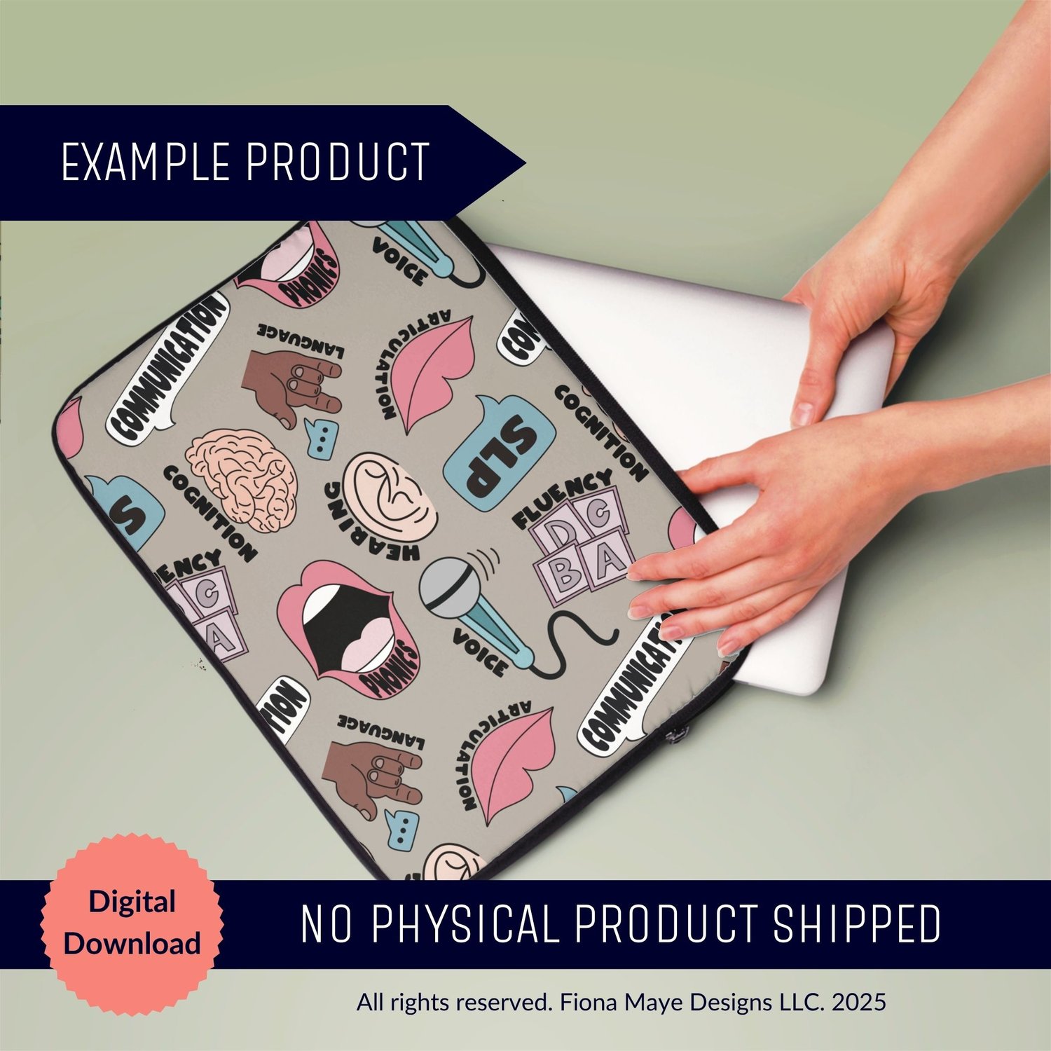 Laptop sleeve mockup with a gray speech‑themed pattern featuring icons like a brain, mouth, ear, and words such as communication, cognition, fluency, and SLP.