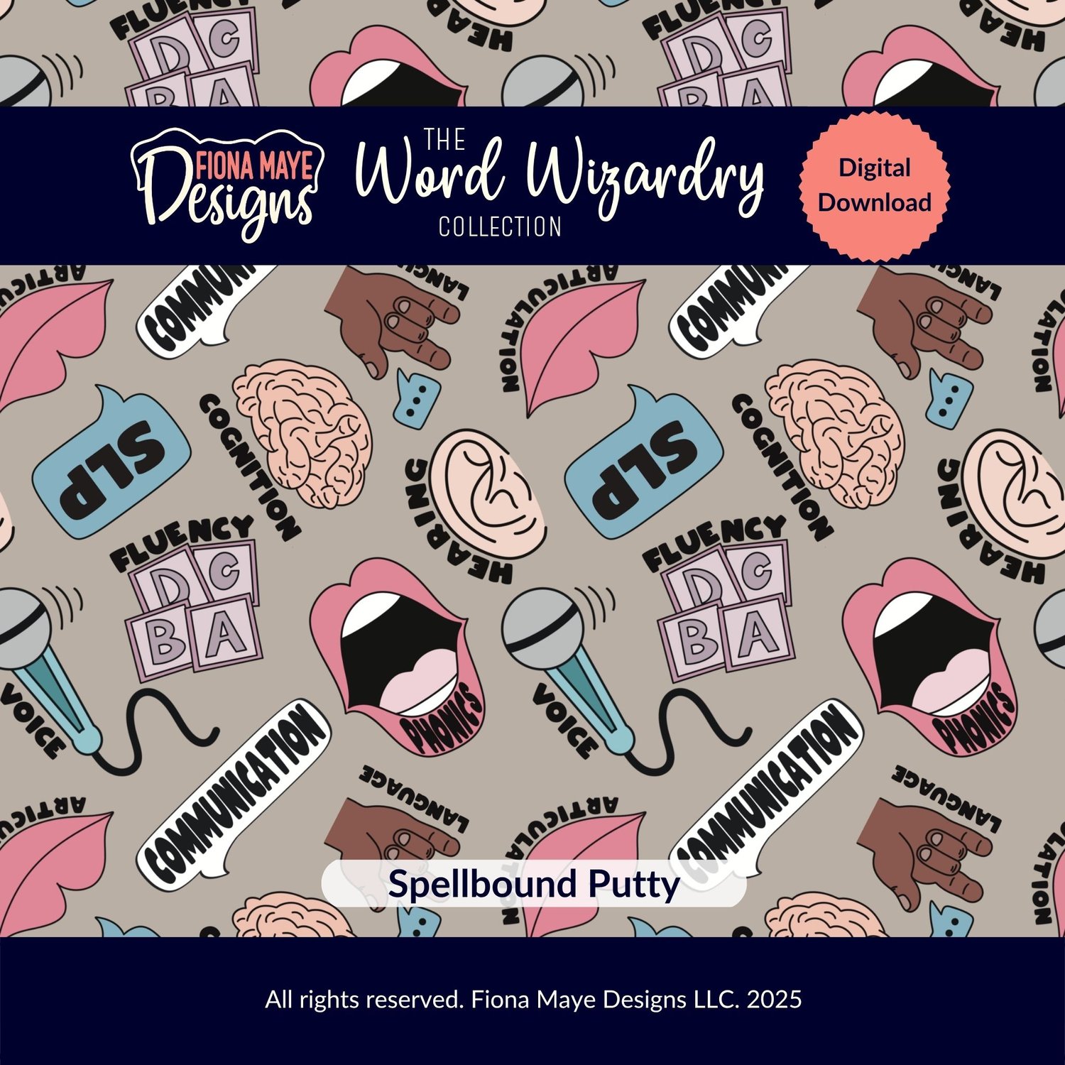 Seamless pattern preview featuring speech‑themed icons like mouths, brains, microphones, and text elements such as SLP, communication, fluency, and voice.