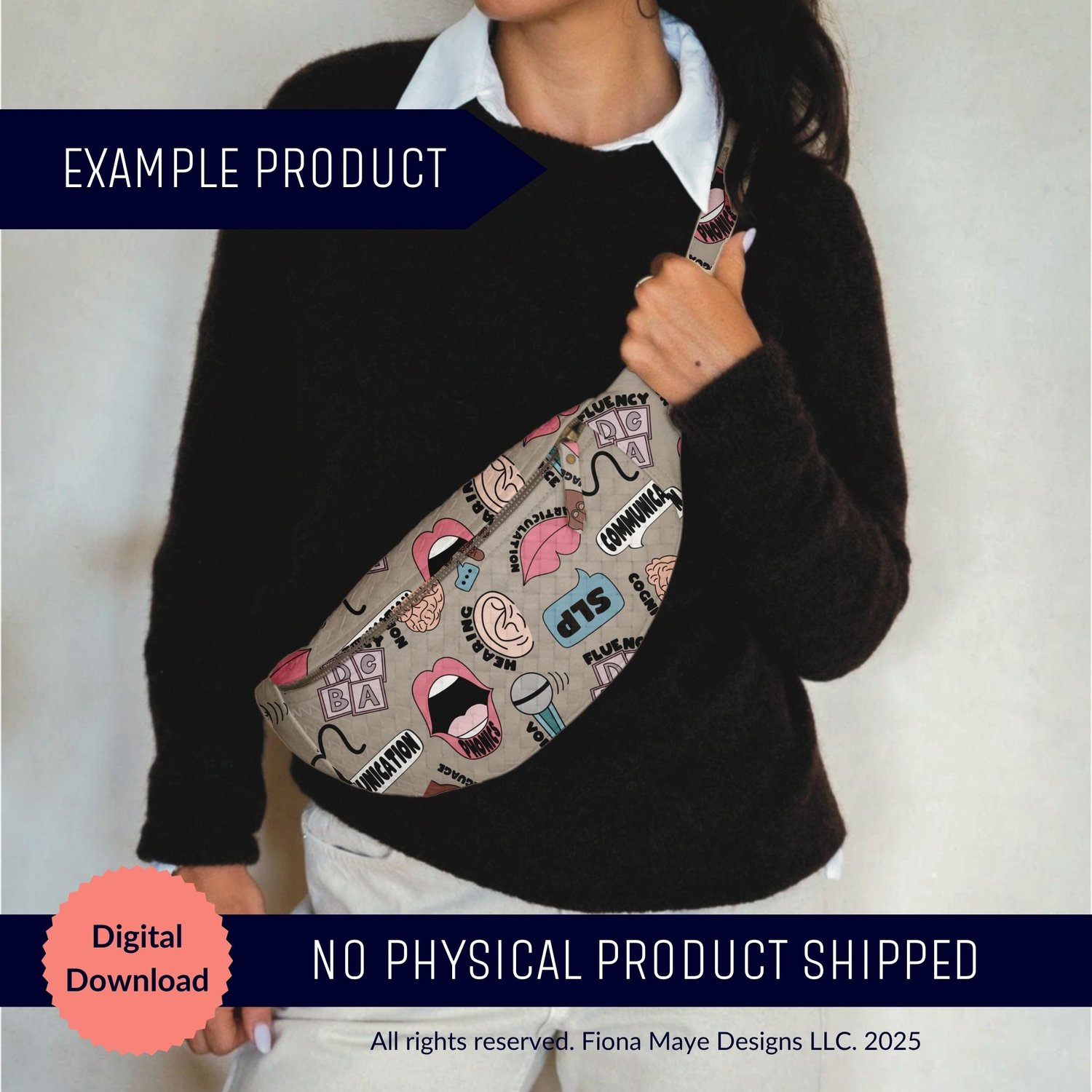 Crossbody bag mockup featuring a colorful speech‑themed pattern with lips, speech bubbles, and playful language motifs, shown as a digital product preview.